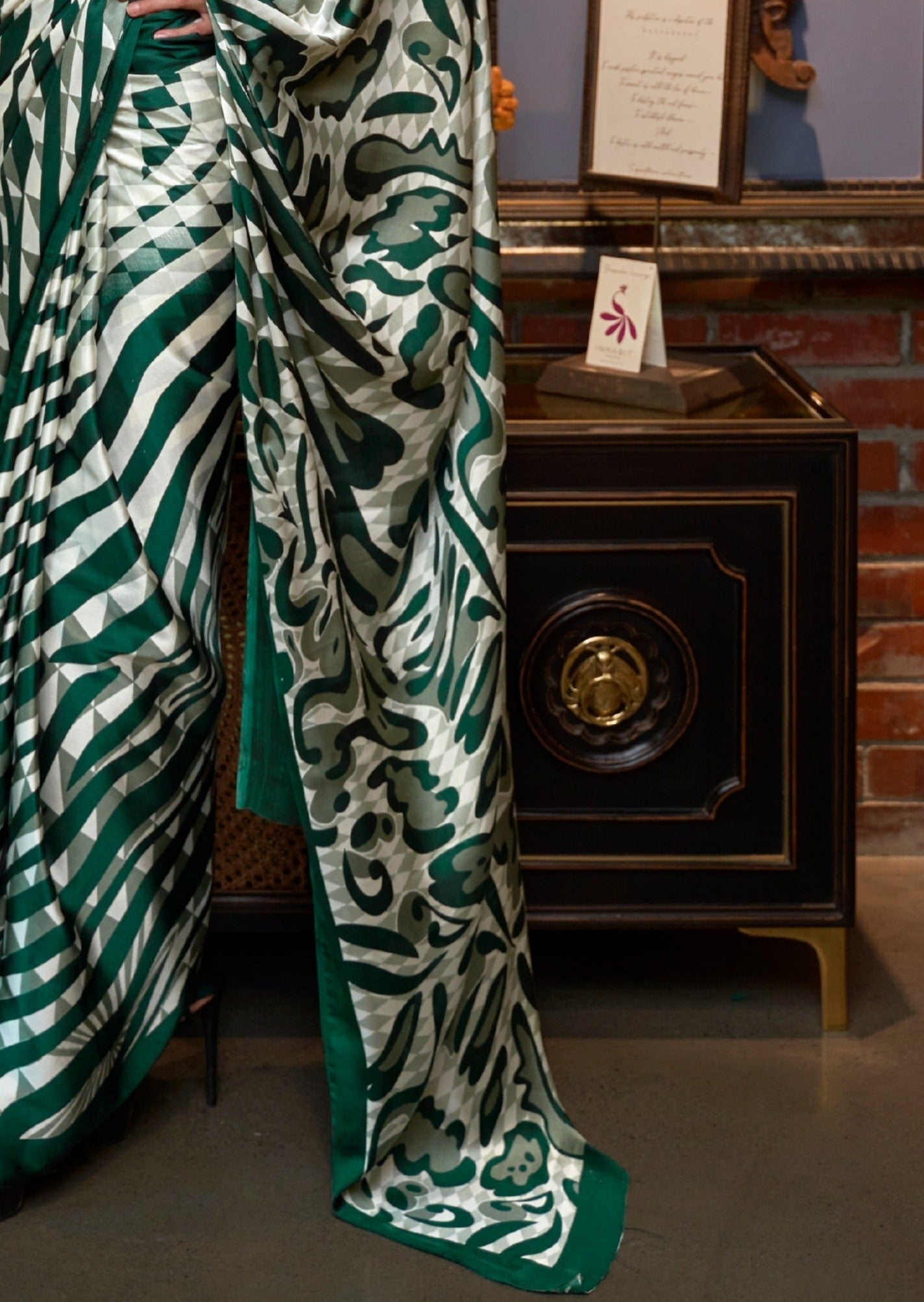 Digital Print Satin Silk Green and White Saree
