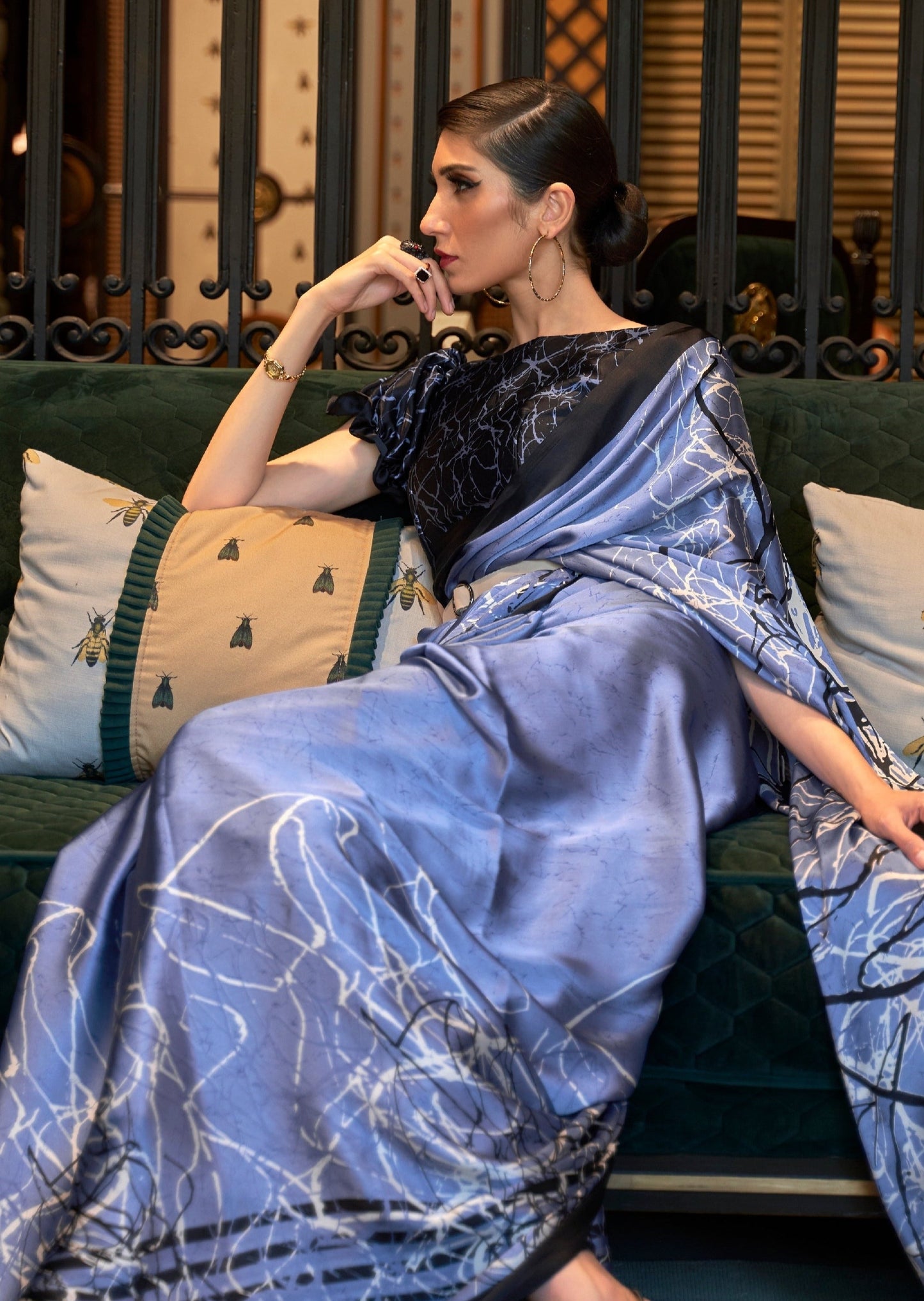 Digital Print Pure Satin Crepe Silk Lotus Blue Saree