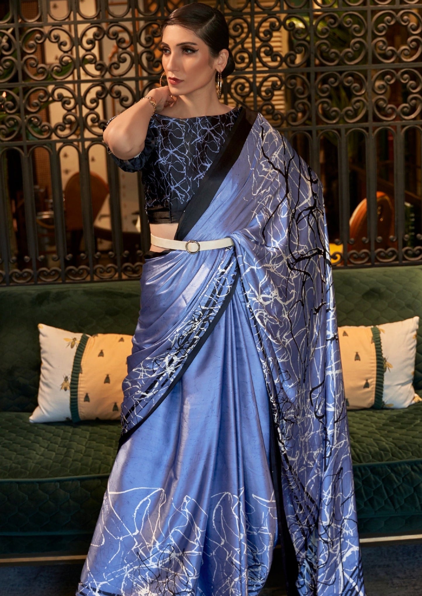Digital Print Pure Satin Crepe Silk Lotus Blue Saree