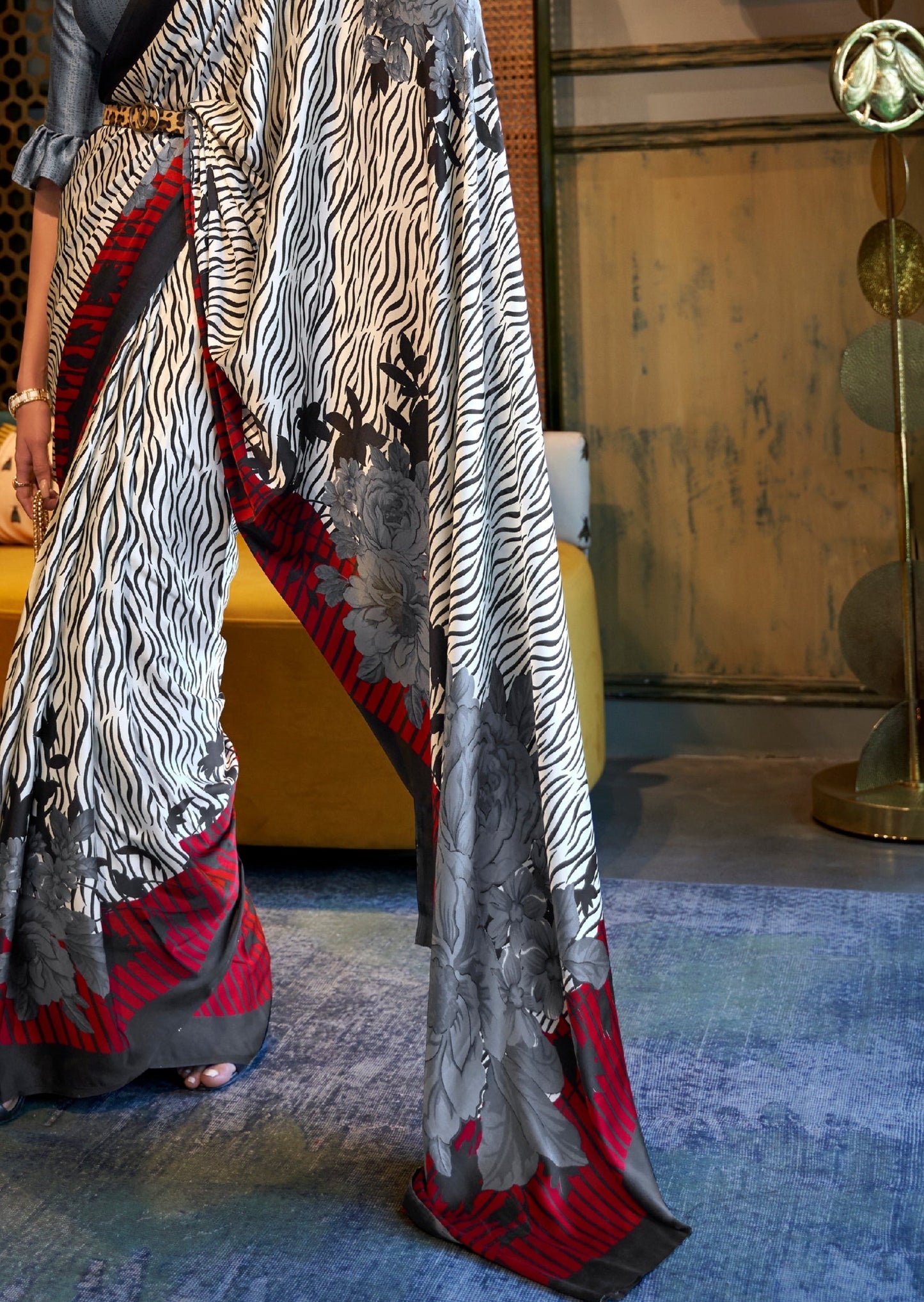 Digital Print Pure Satin Silk White and Grey Saree