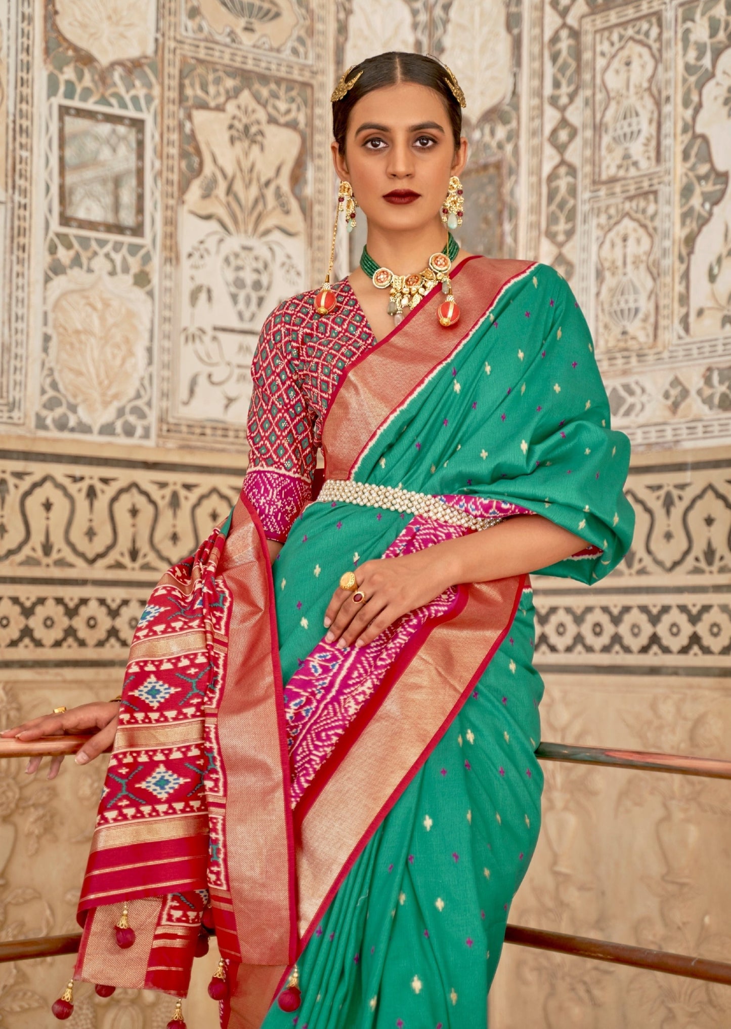 Patan Patola Green and Red Saree