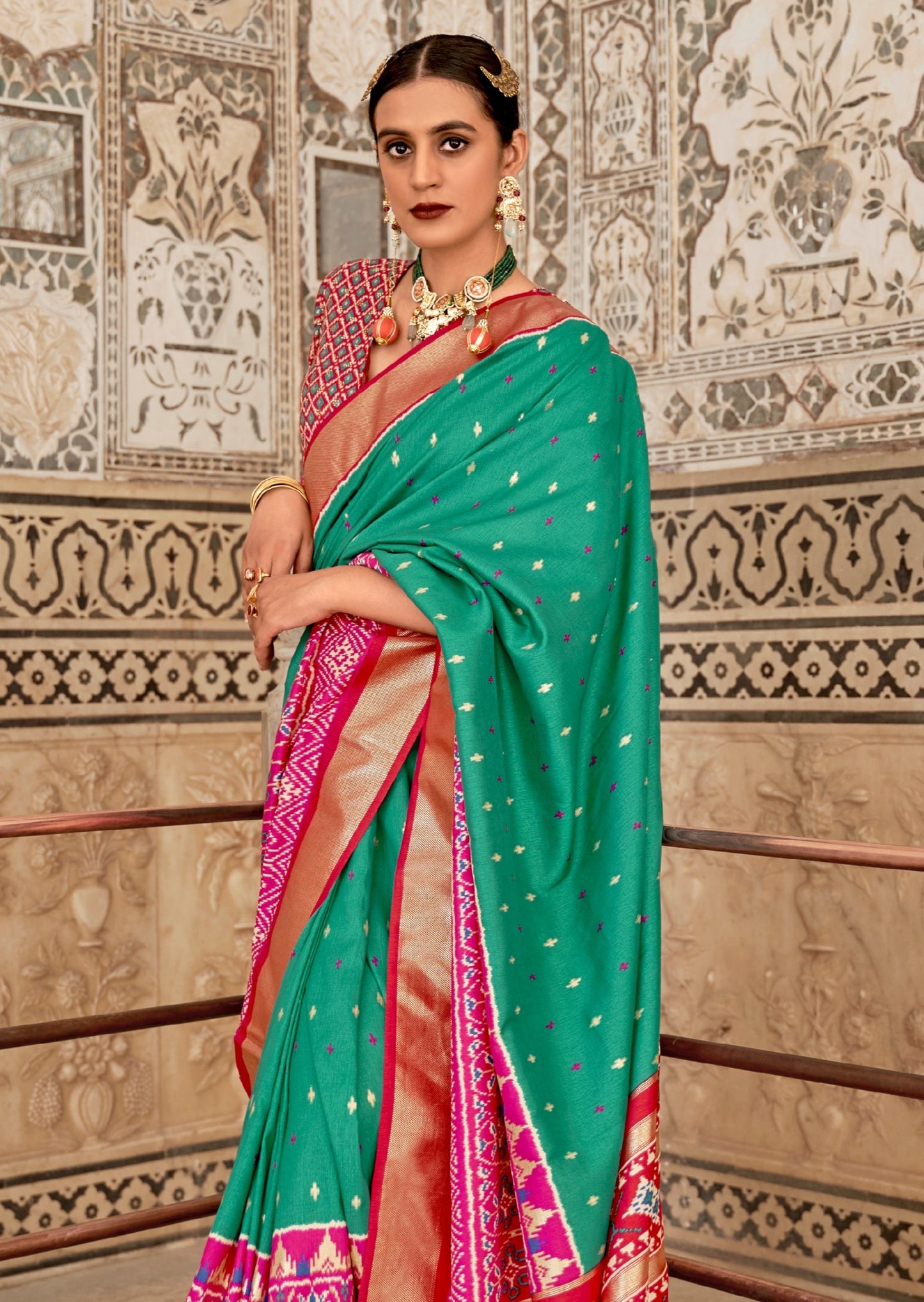 Patan Patola Green and Red Saree