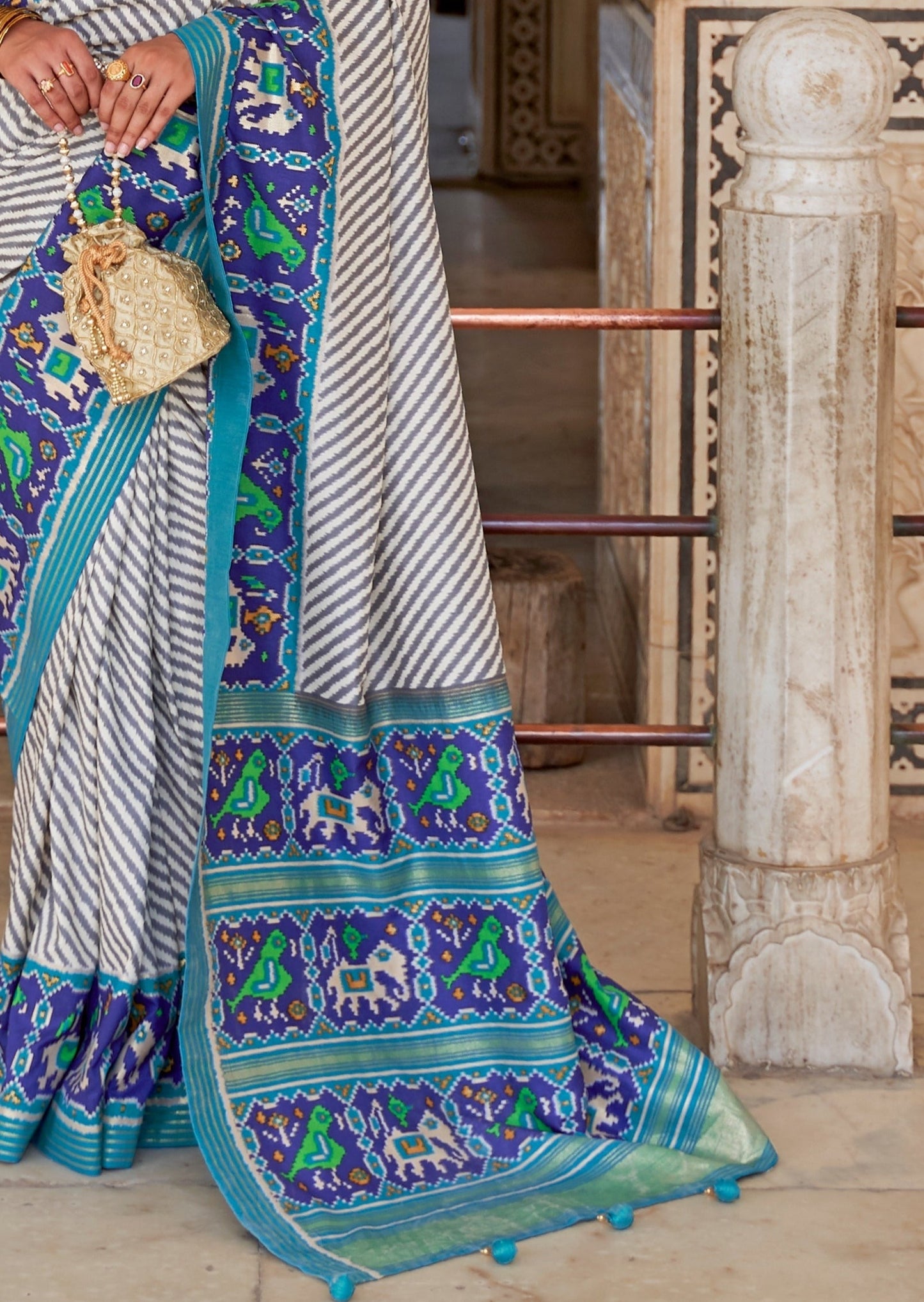 Patola Silk White and Blue Ikat Saree