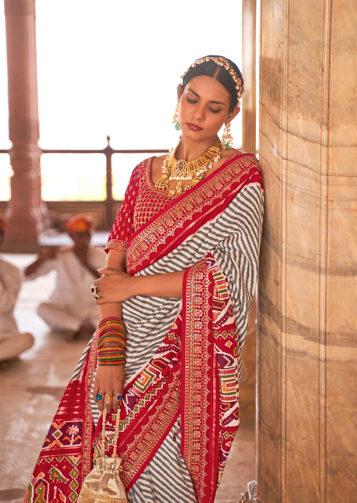 White and Red Sequins Patola Saree