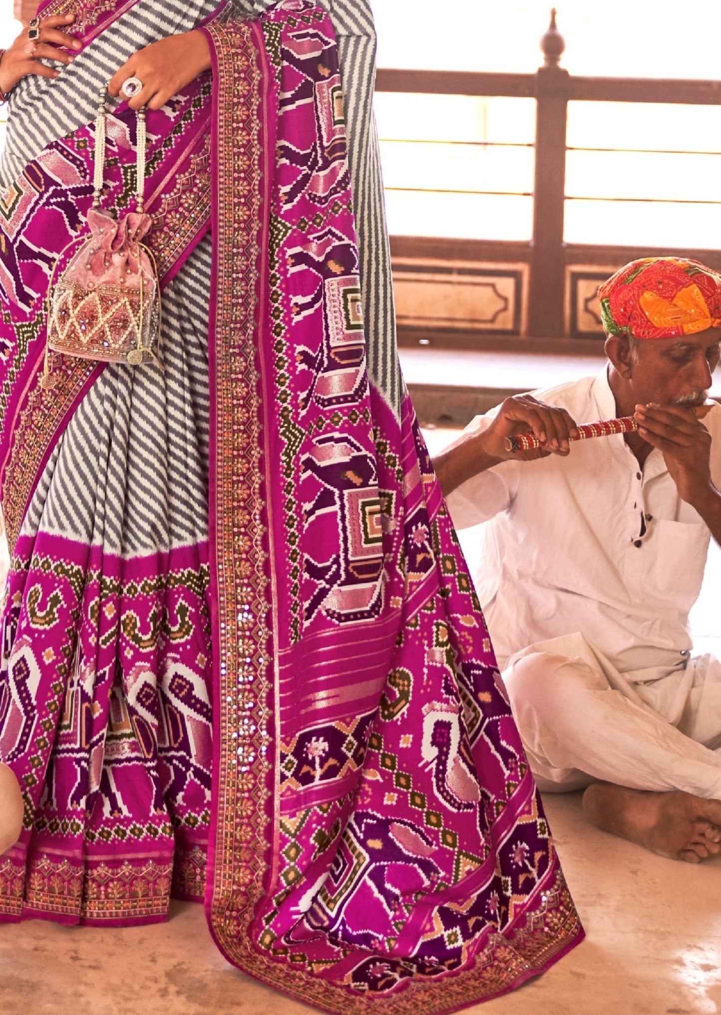 White and Pink Sequins Patola Saree