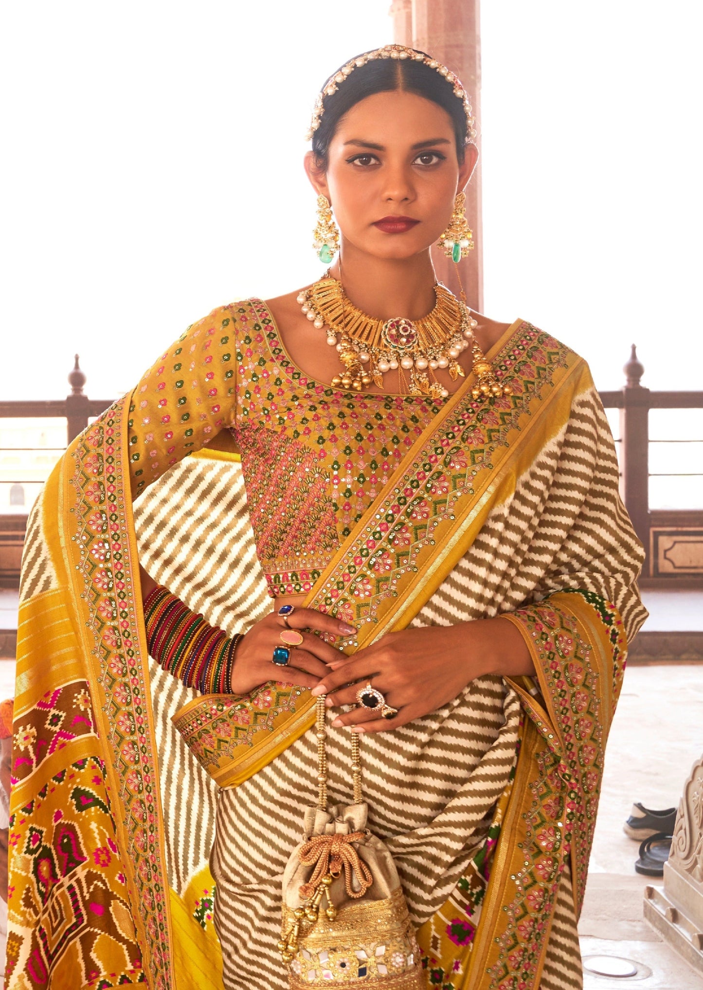 White and Yellow Sequins Patola Saree