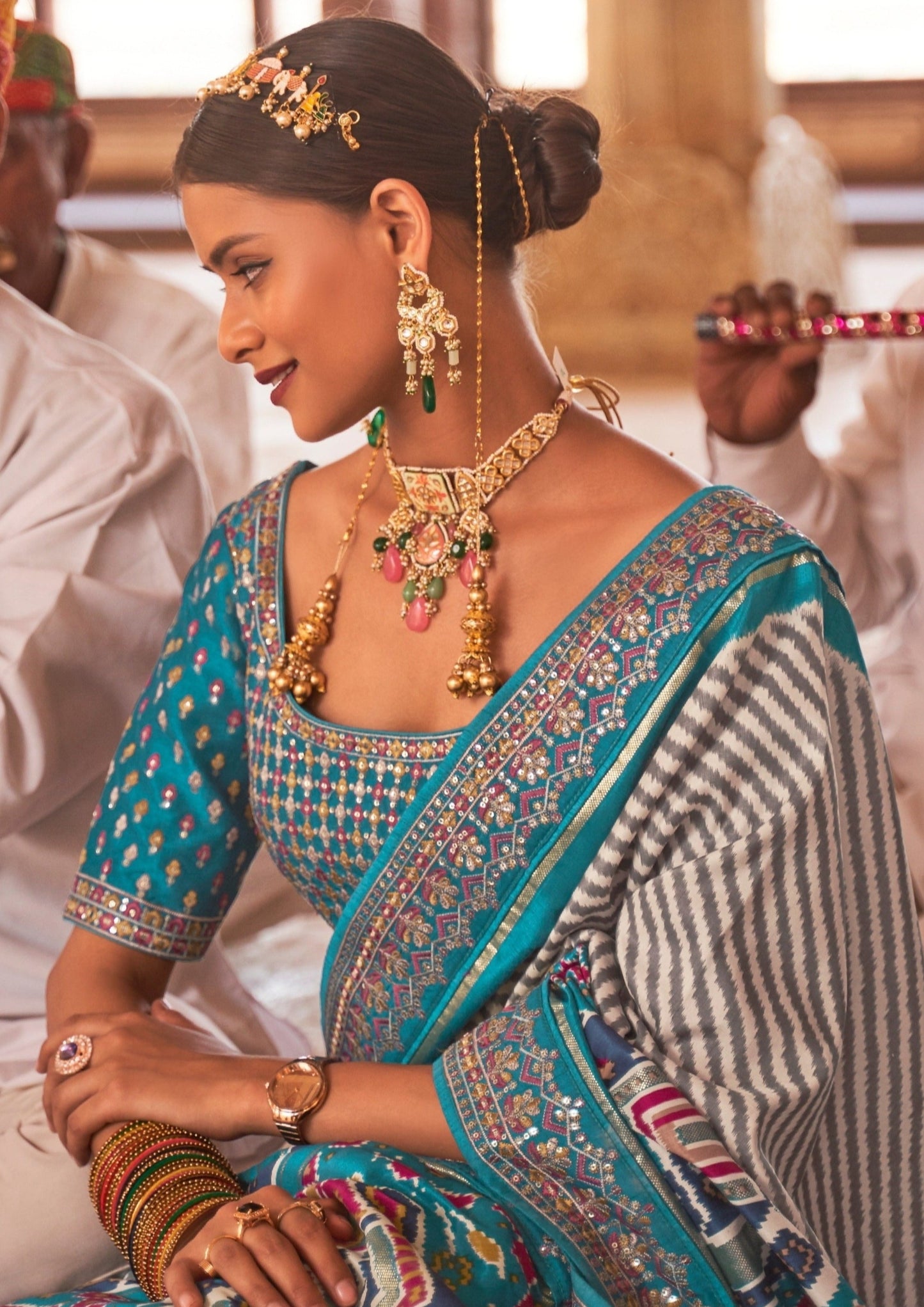 White and Turquoise Blue Sequins Leheriya Patola Saree