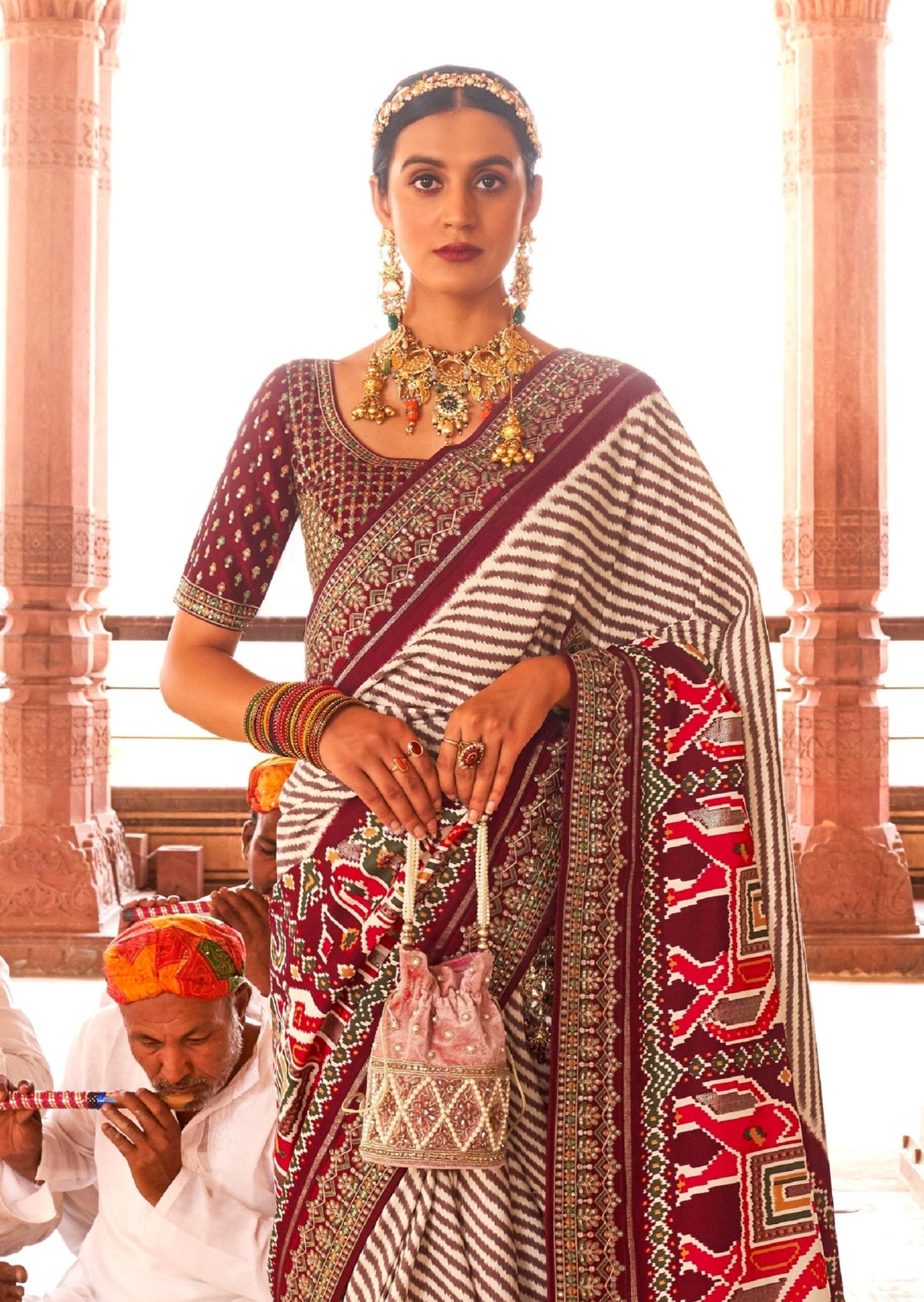 White and Maroon Red Sequins Patola Saree