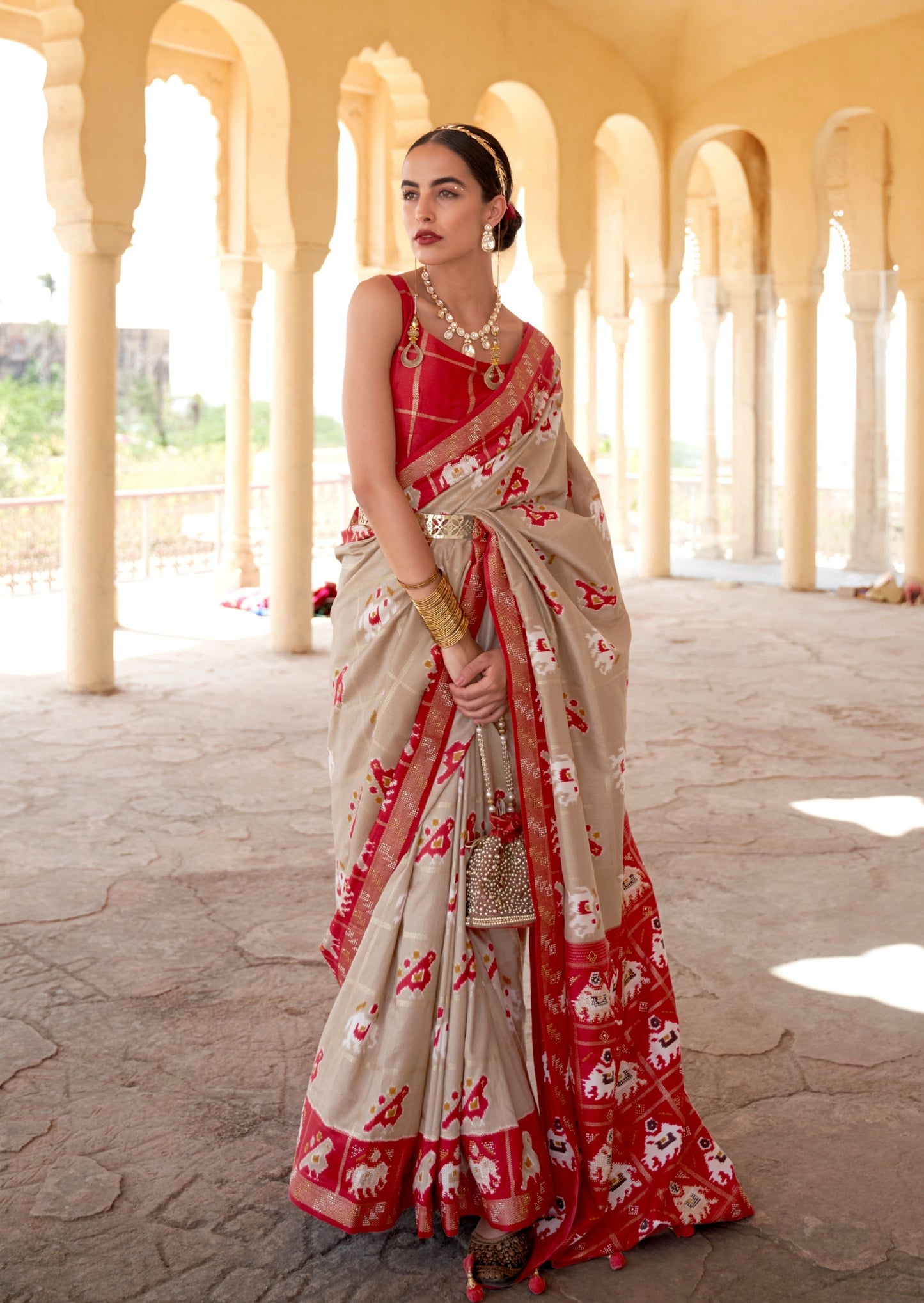Patola Silk Beige and Red Saree