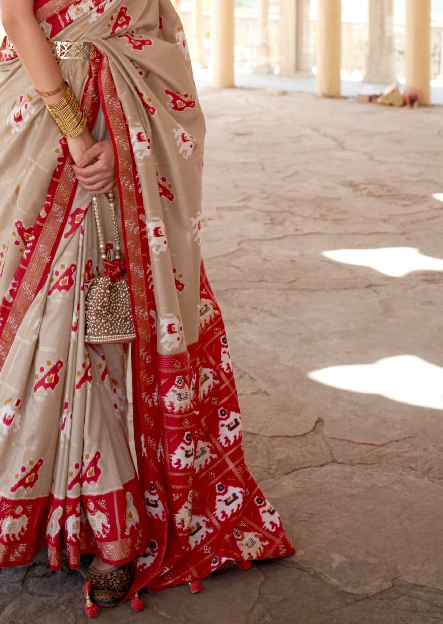 Patola Silk Beige and Red Saree