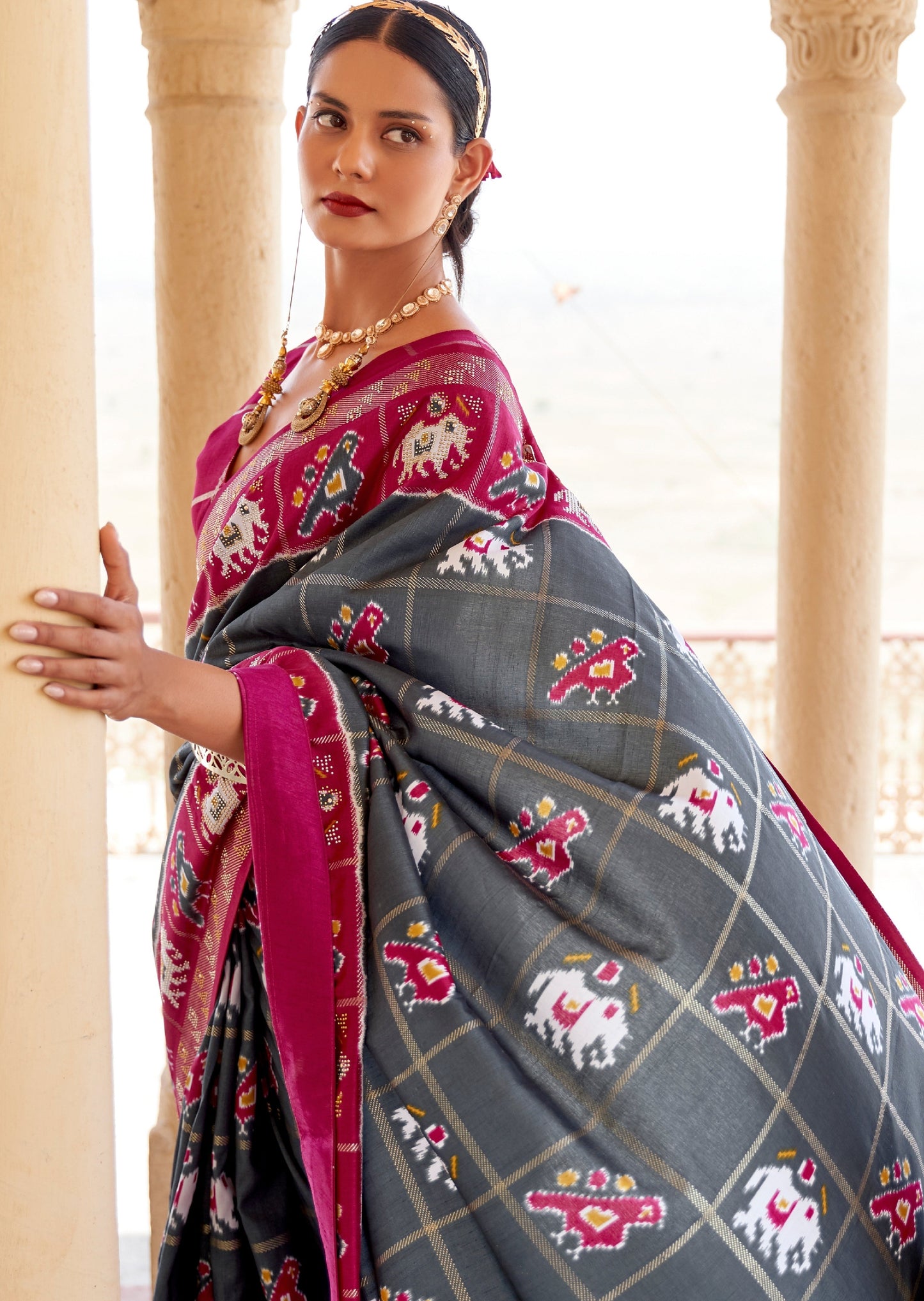 Patola Grey and Pink Saree
