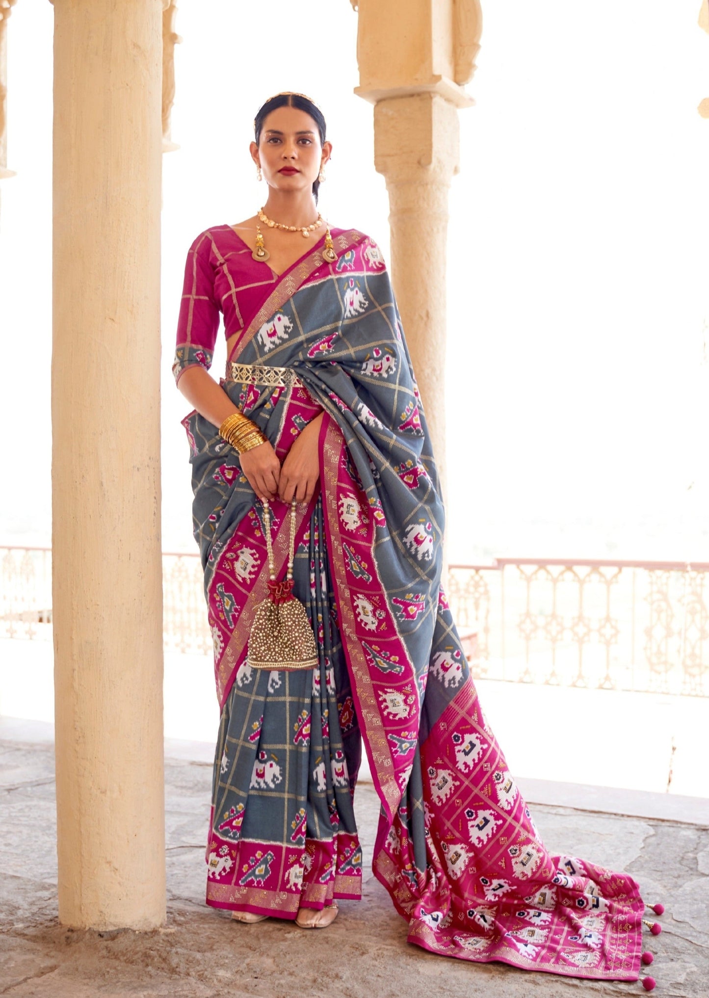 Patola Grey and Pink Saree