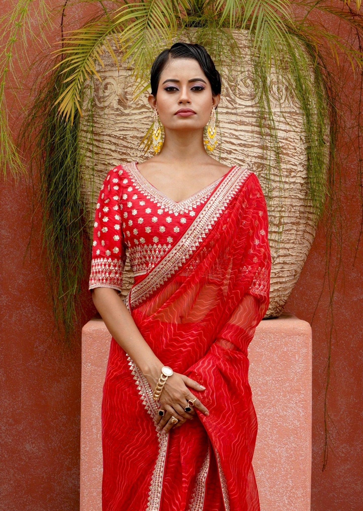 Lehariya Organza Red Saree