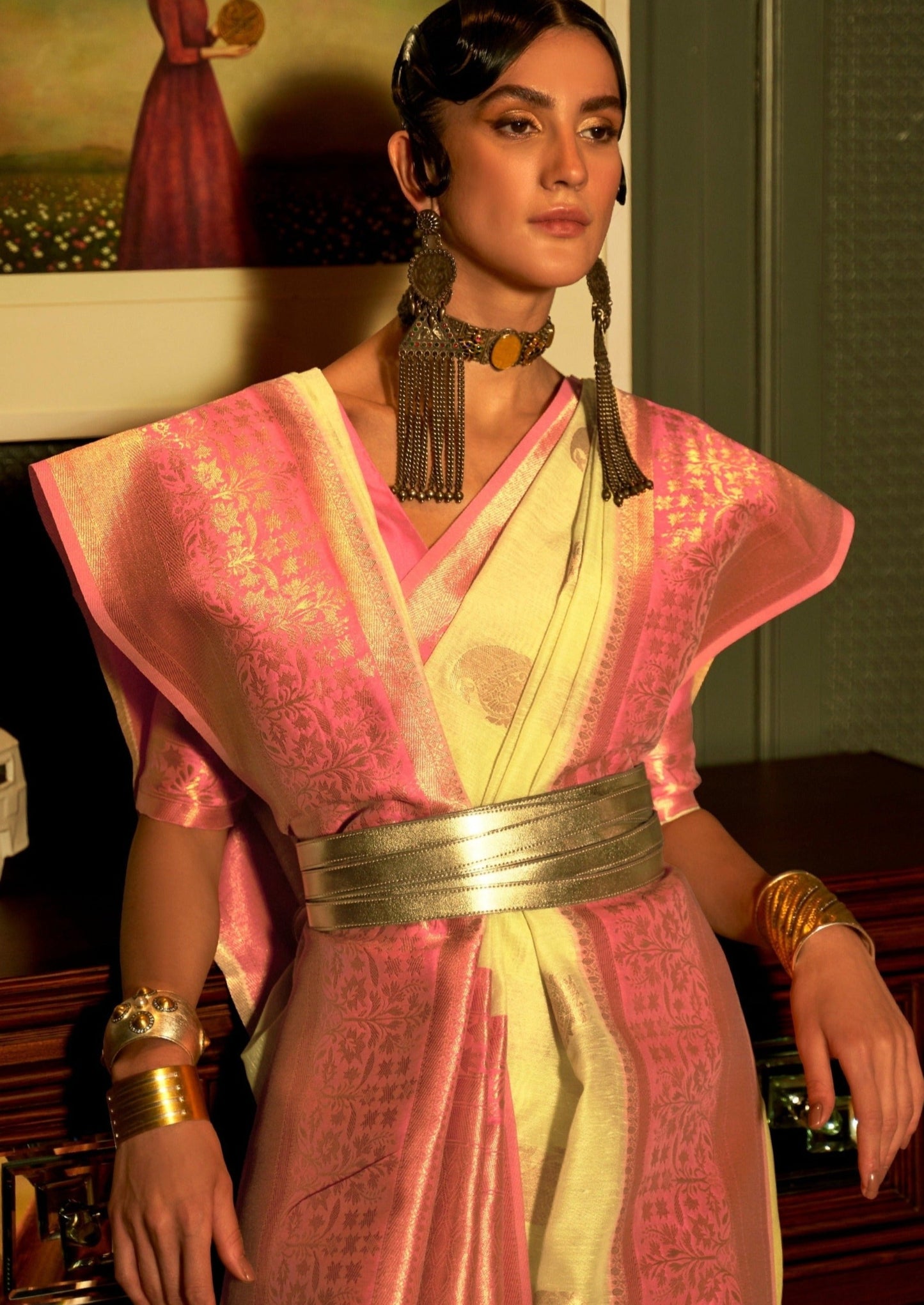 Pure Linen Handloom Zari Saree (Yellow)