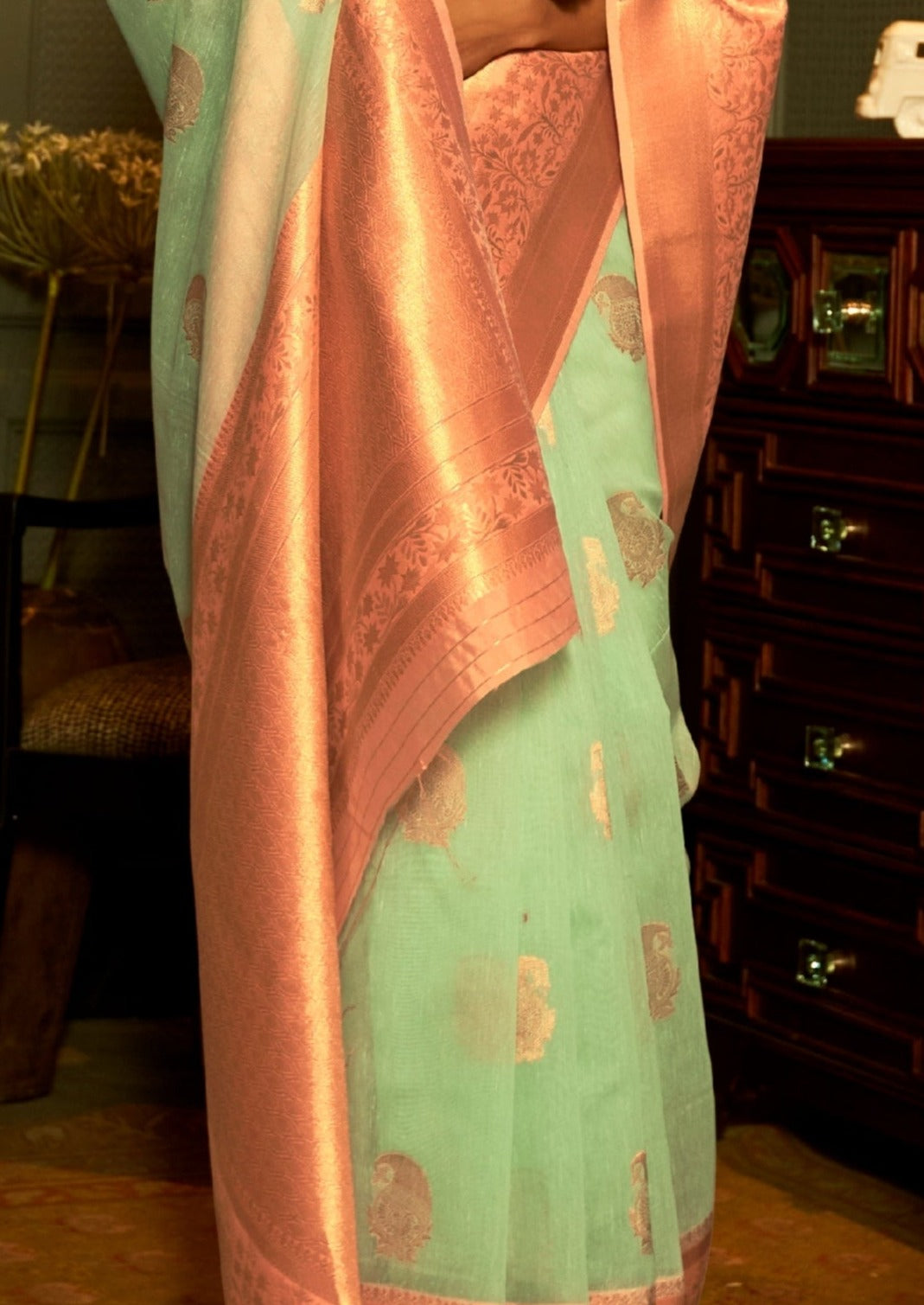 Pure Linen Mint Green Handloom Saree