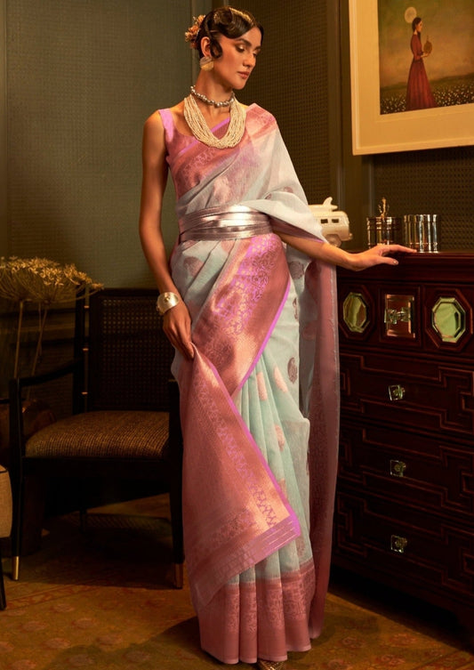 Pure linen ice blue handloom saree and contrast pink blouse online shopping with price.