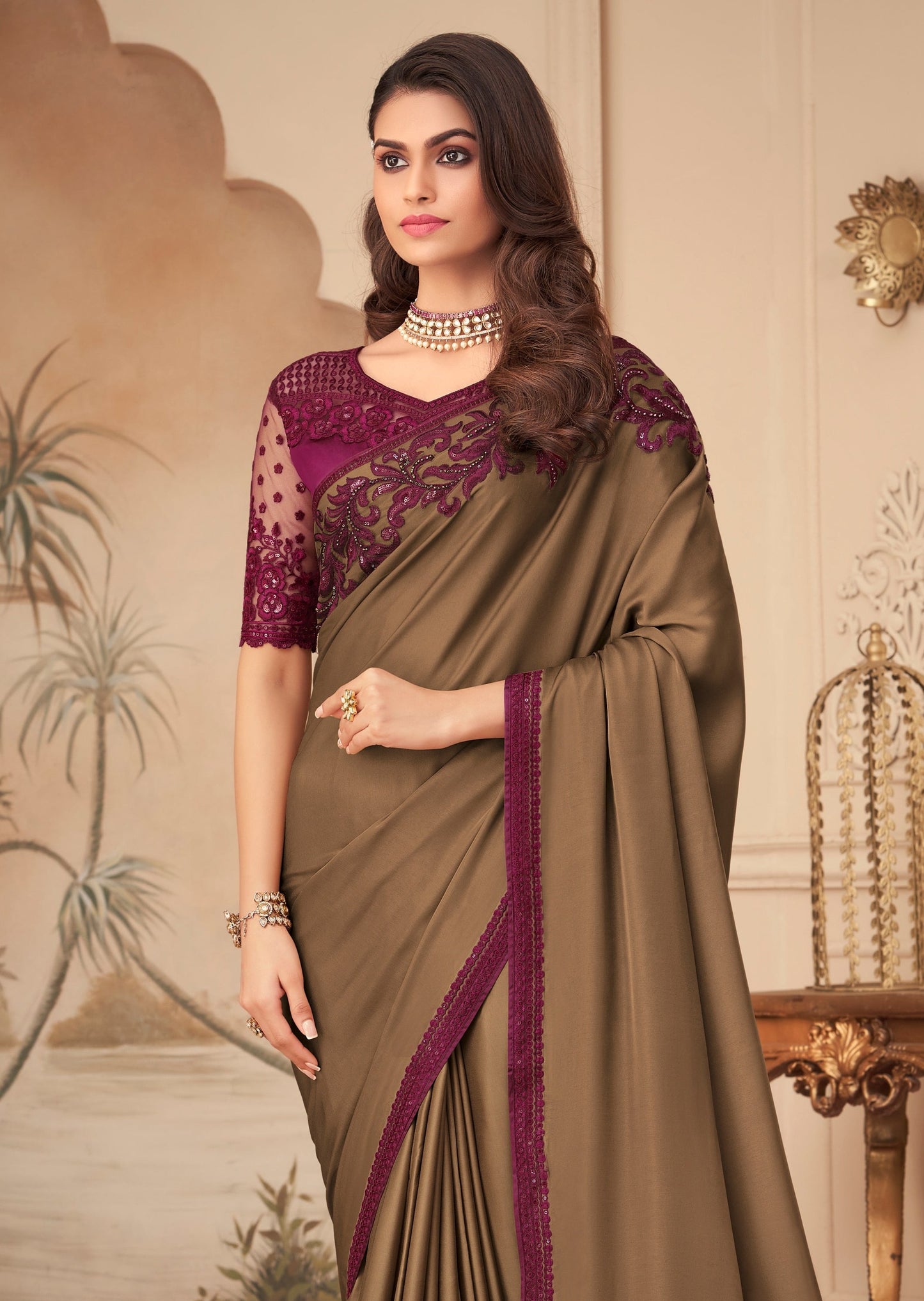 Satin Silk Coffee Brown Saree