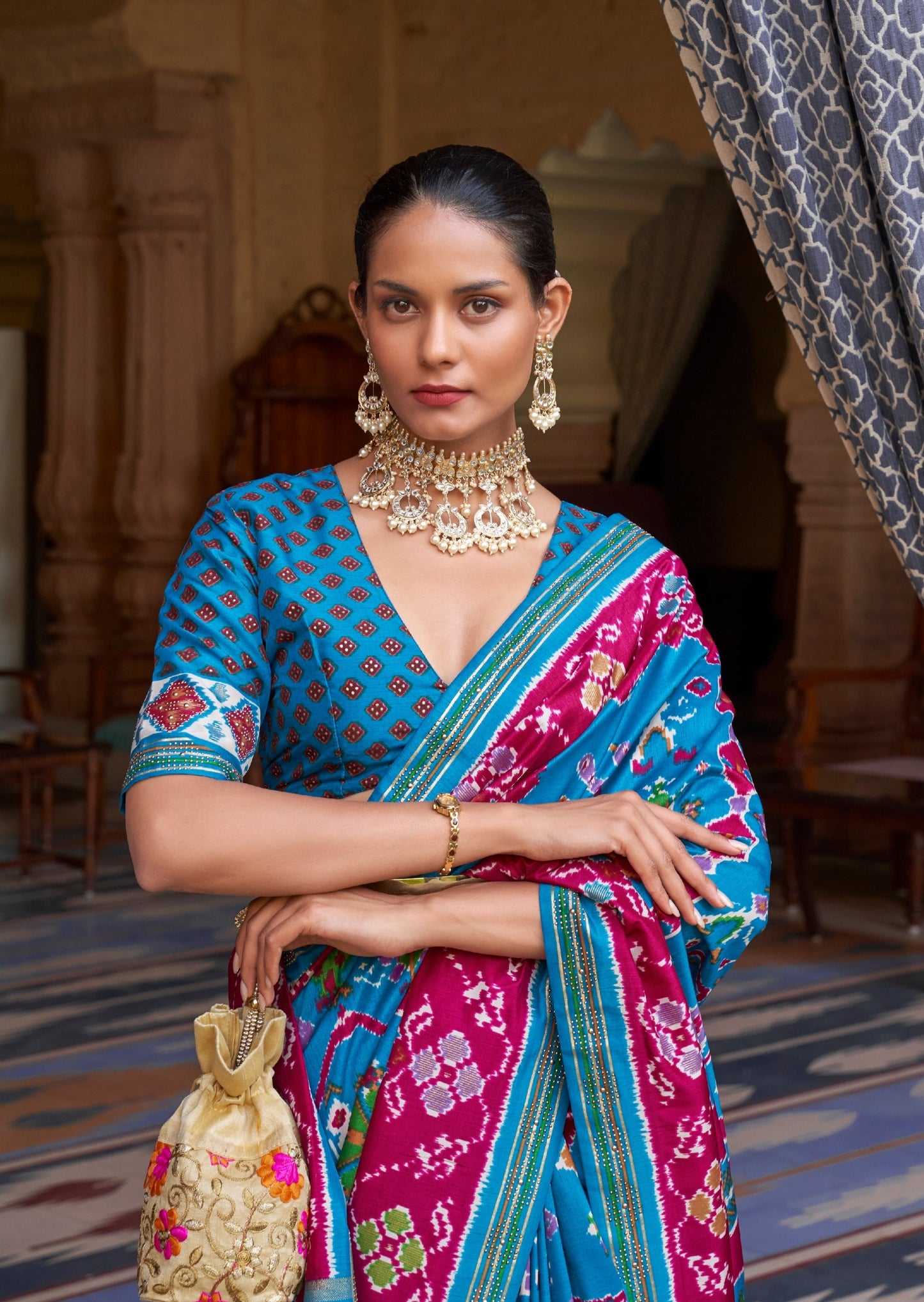 Patola Silk Cyan Blue Saree