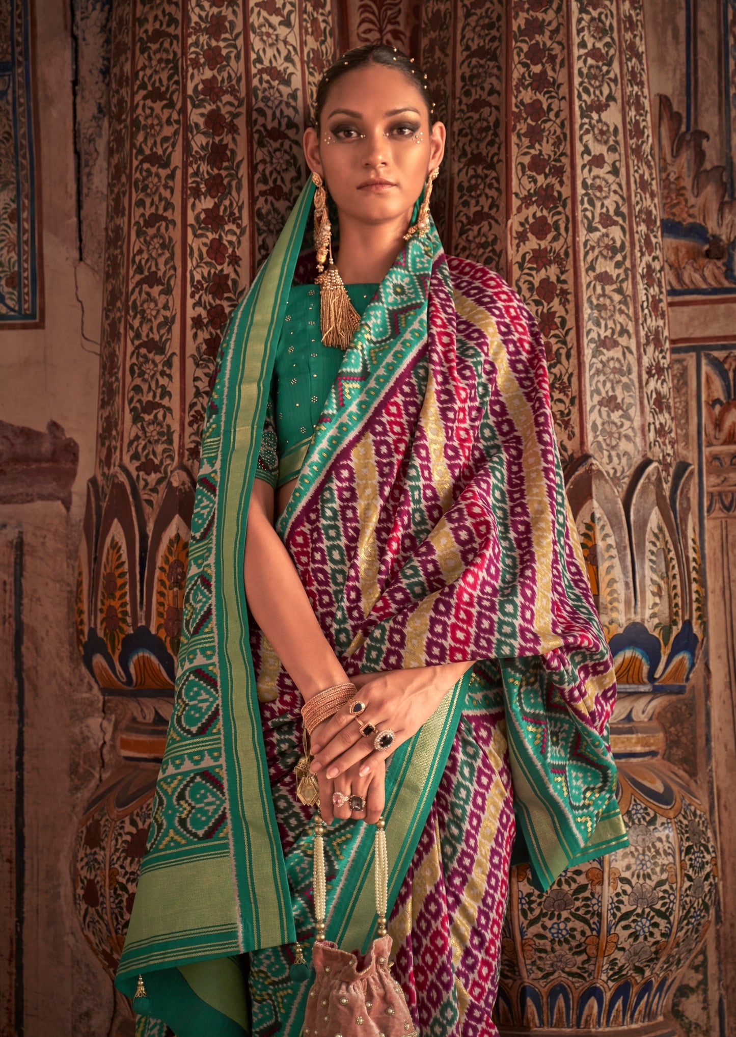Ikkat Patola Magenta and Green Saree