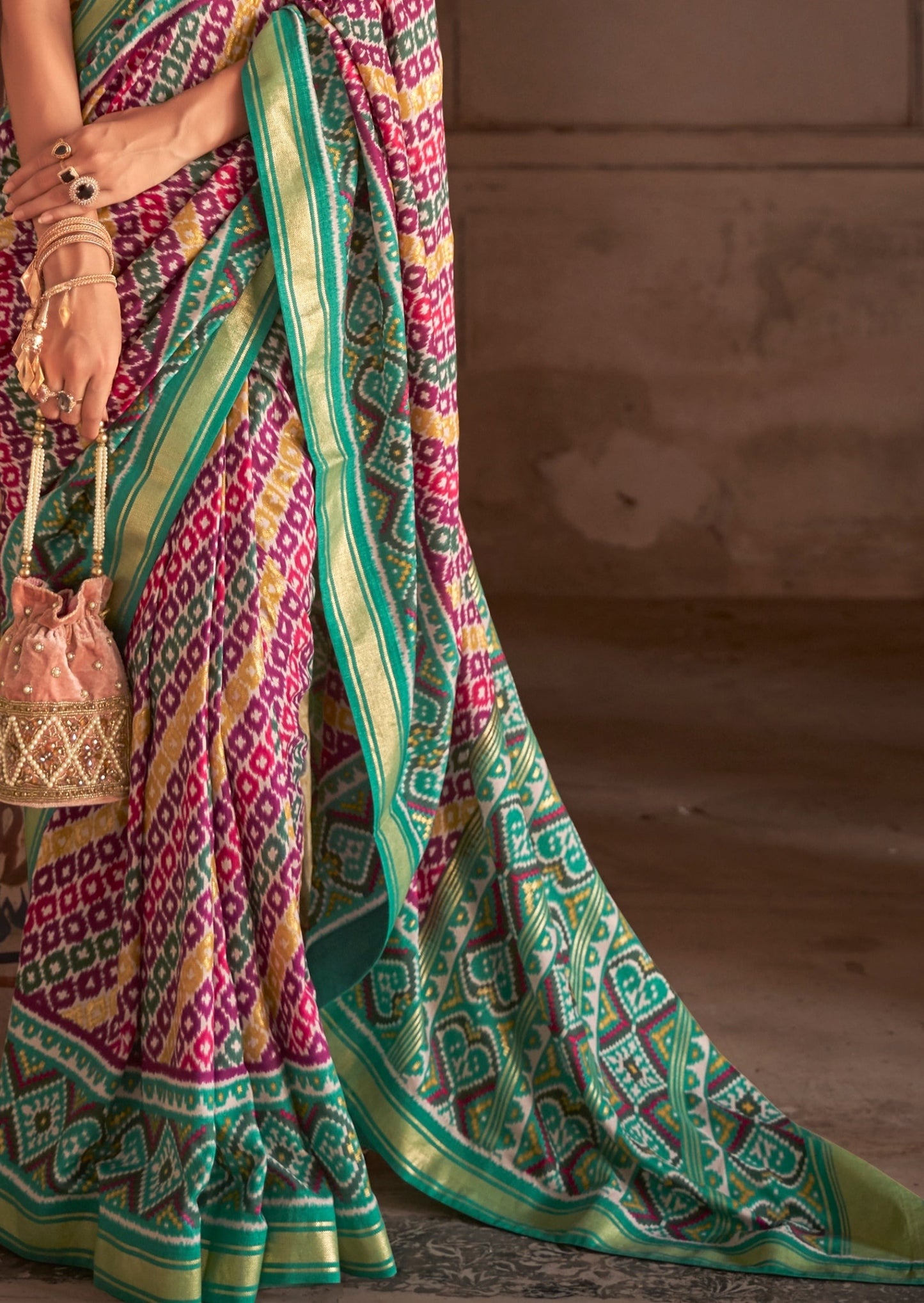 Ikkat Patola Magenta and Green Saree