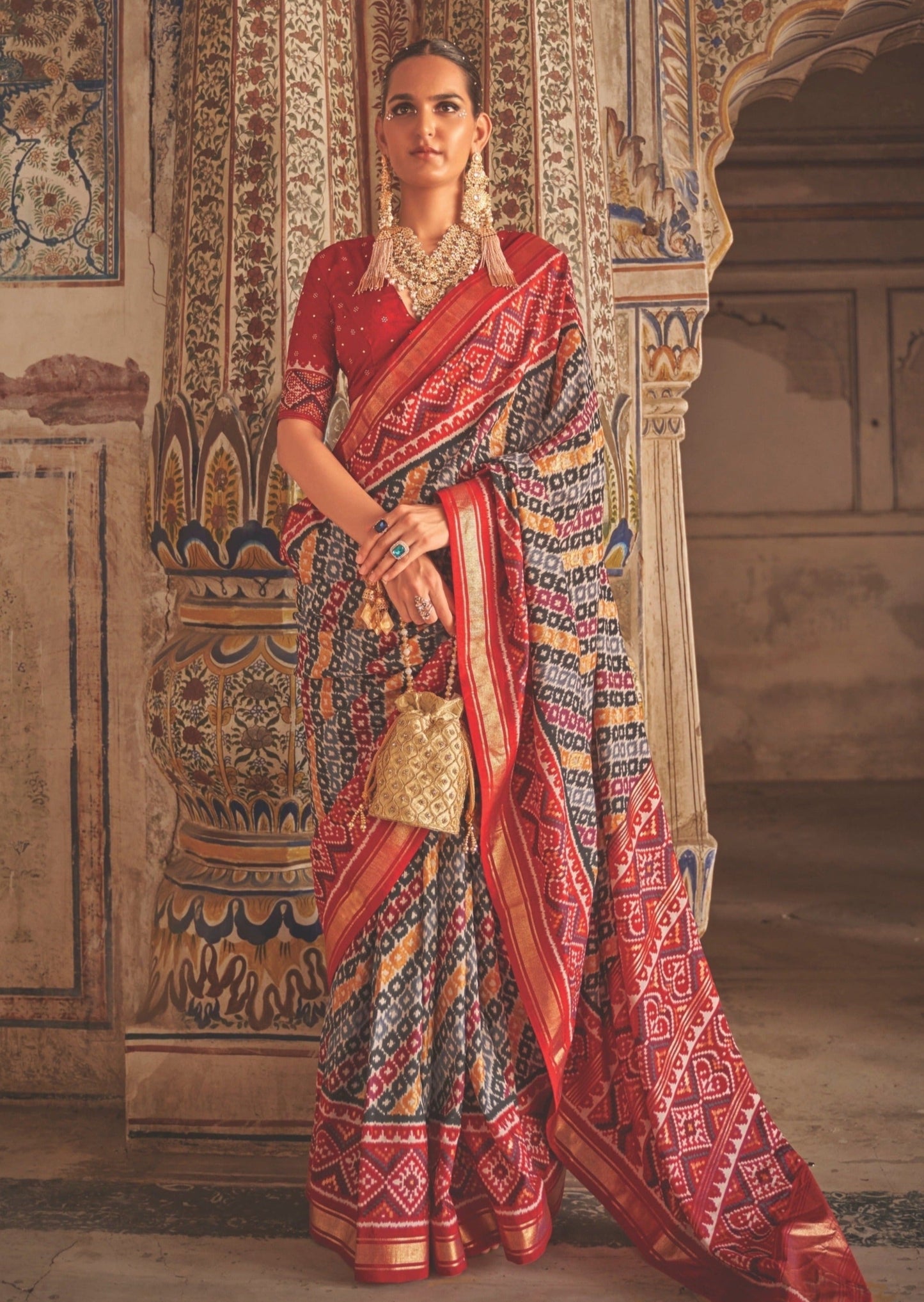 Ikkat Patola Red and Grey Saree
