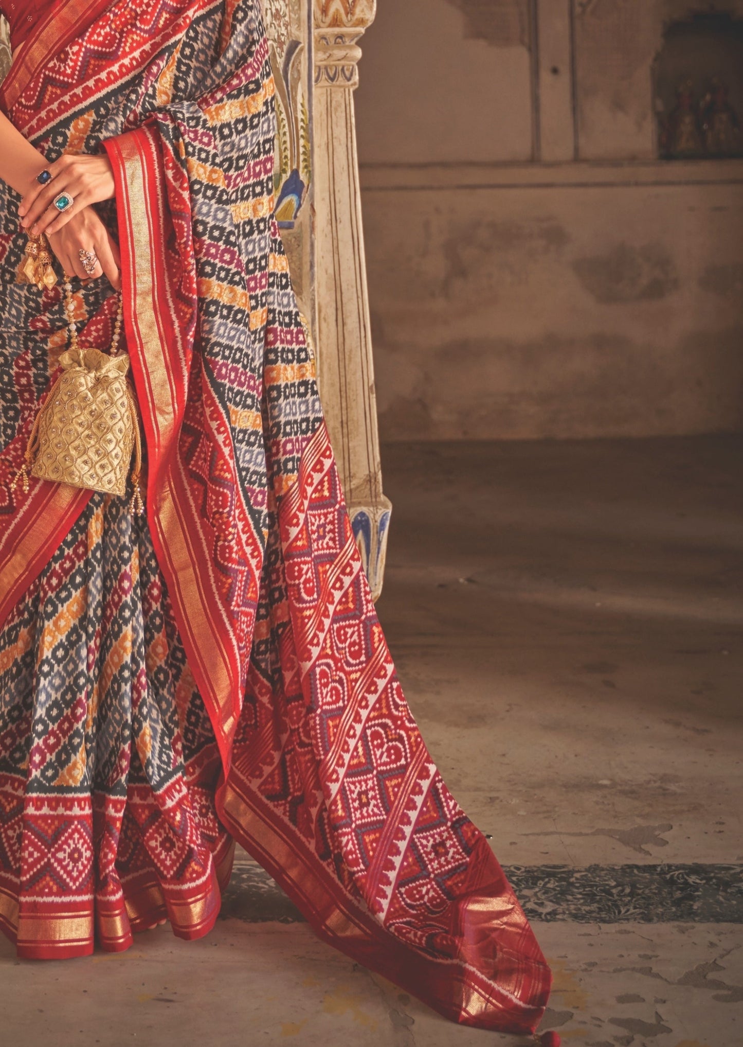 Ikkat Patola Red and Grey Saree