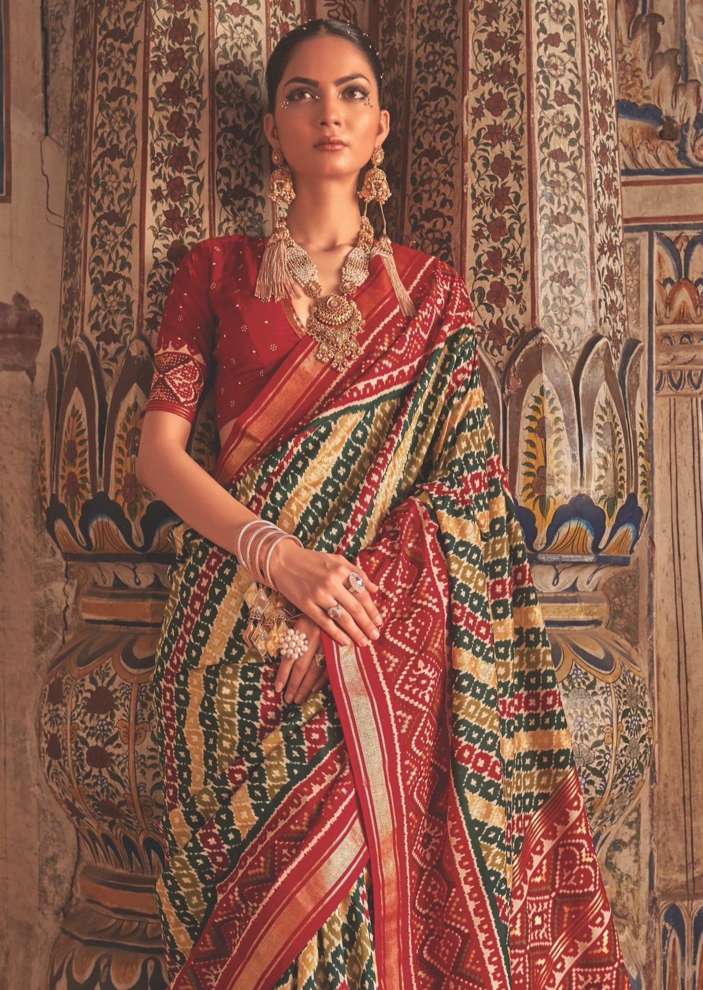 Patola Ikat Red and Green Saree