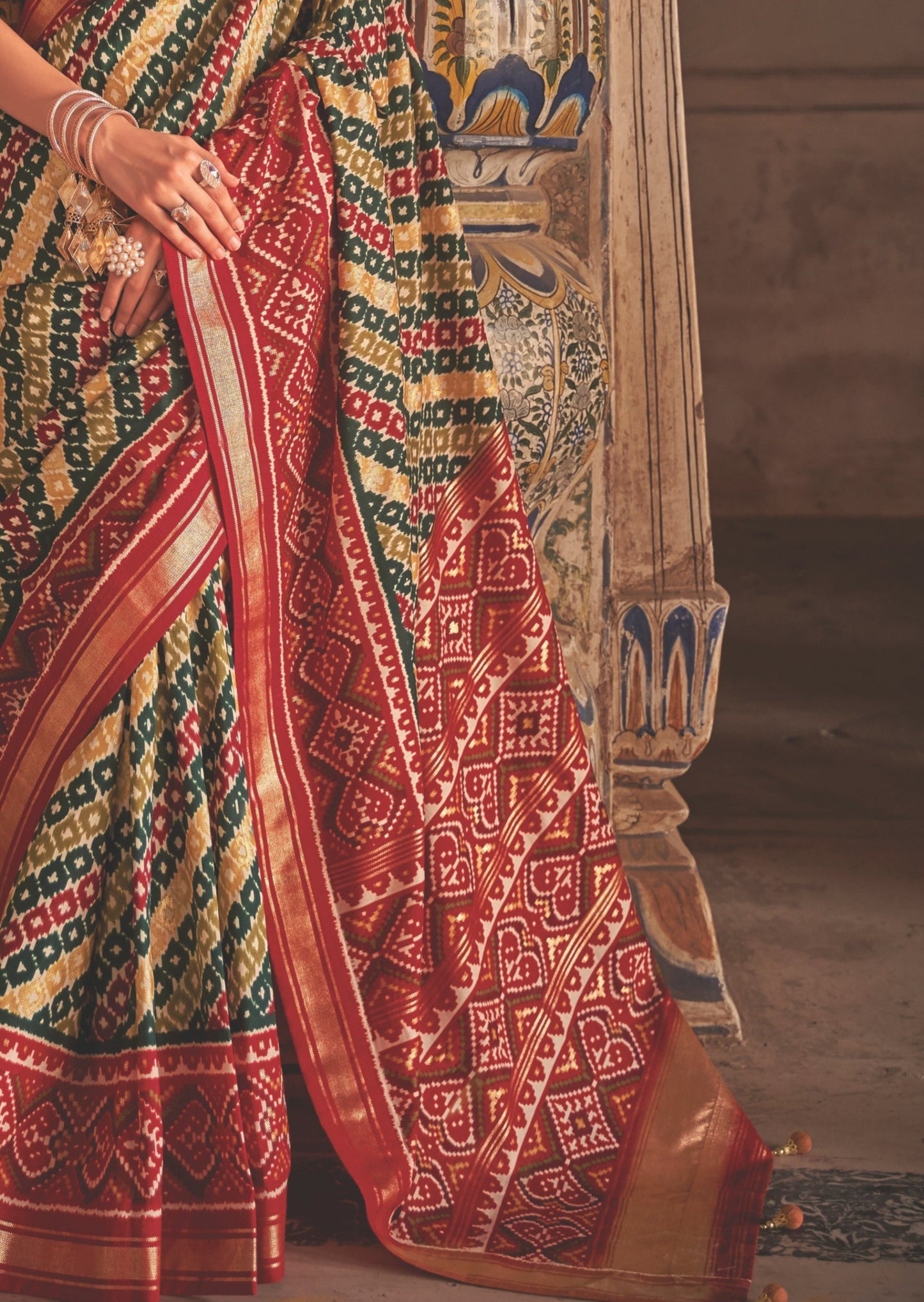 Patola Ikat Red and Green Saree