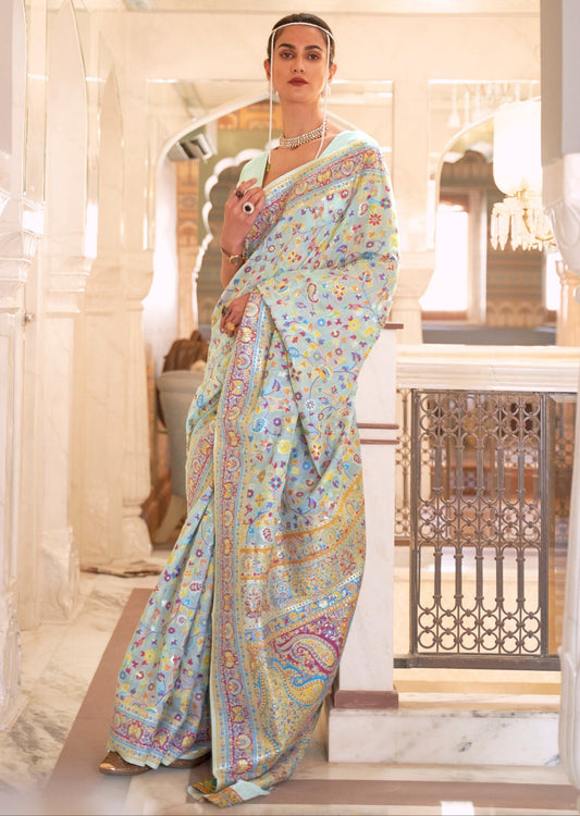 Kashmiri Pashmina Silk Pastel Blue Jamawar Saree