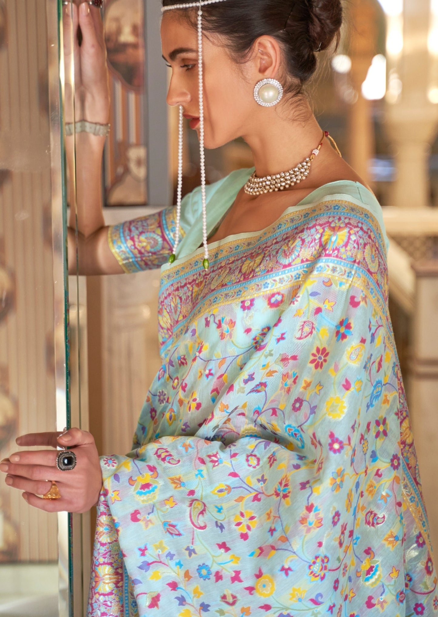 Kashmiri Pashmina Silk Pastel Blue Jamawar Saree