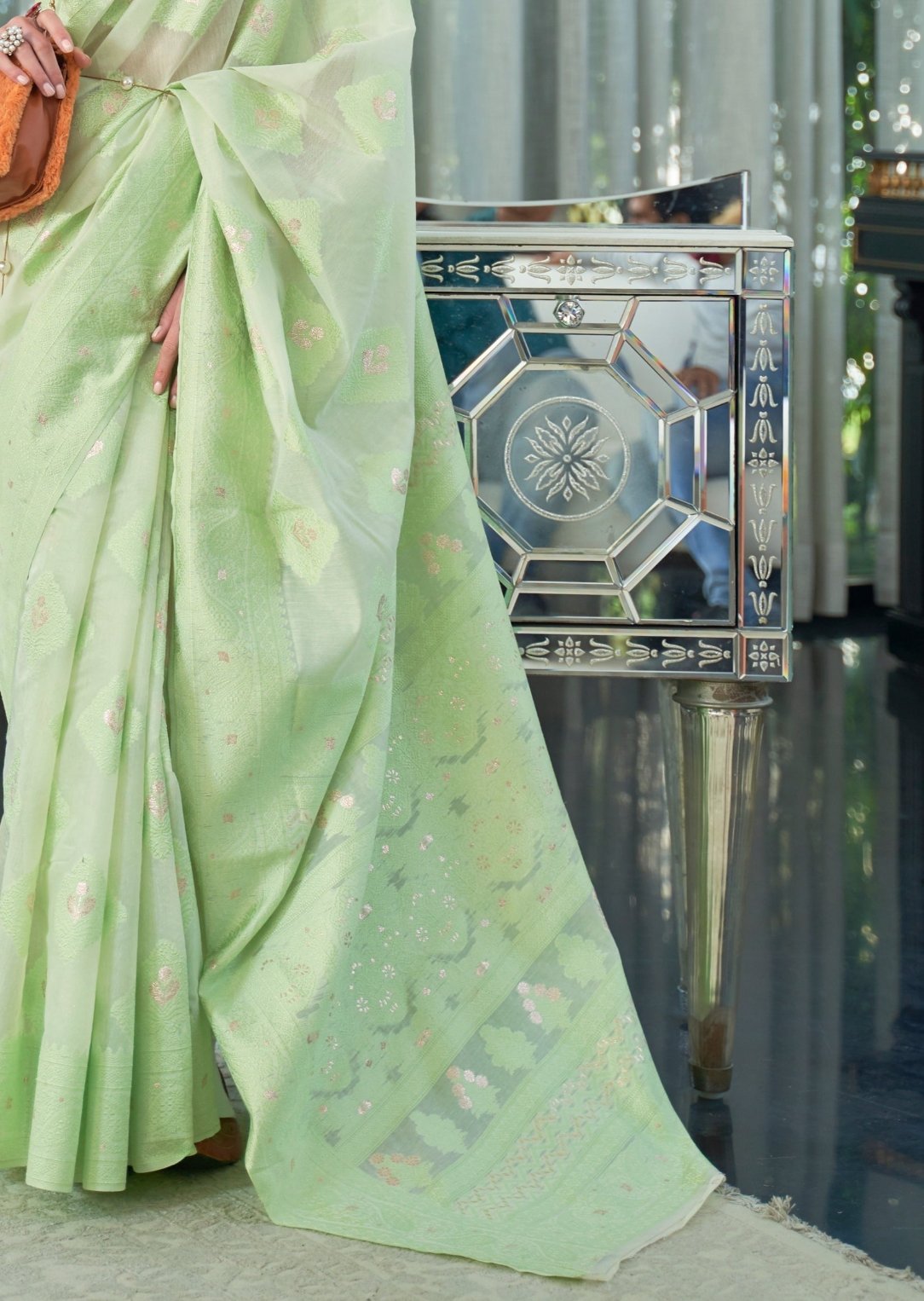 Lucknowi Chikankari Eco Green Cotton Saree