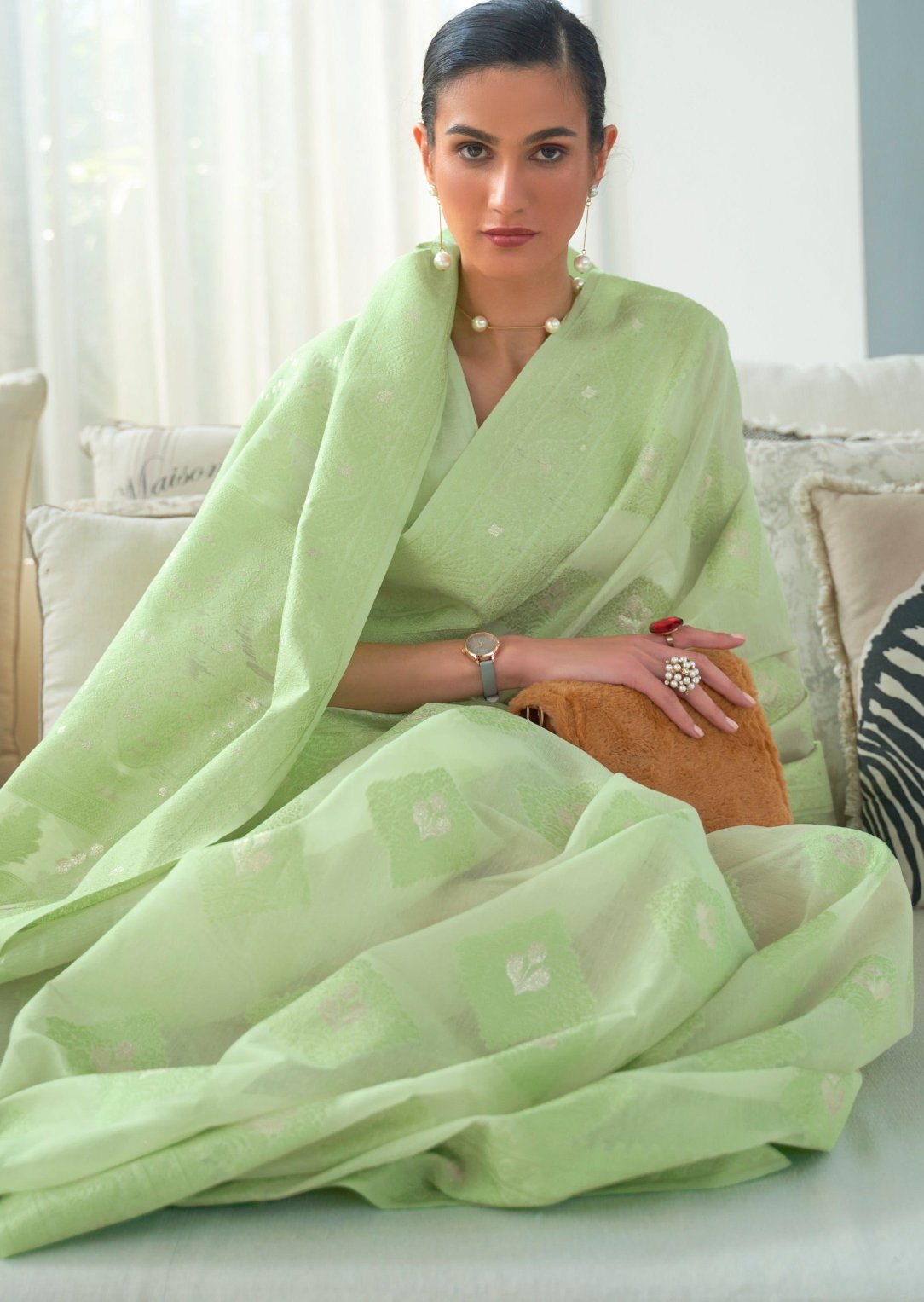 Lucknowi Chikankari Eco Green Cotton Saree