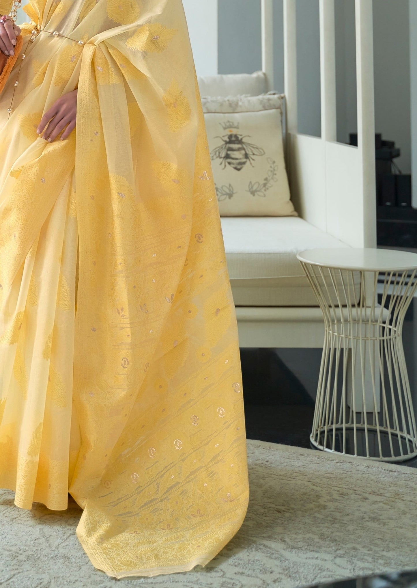 Lucknowi Chikankari Butter Yellow Cotton Saree
