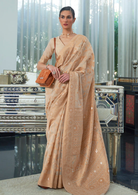 Lucknowi Chikankari Beige Cotton Saree