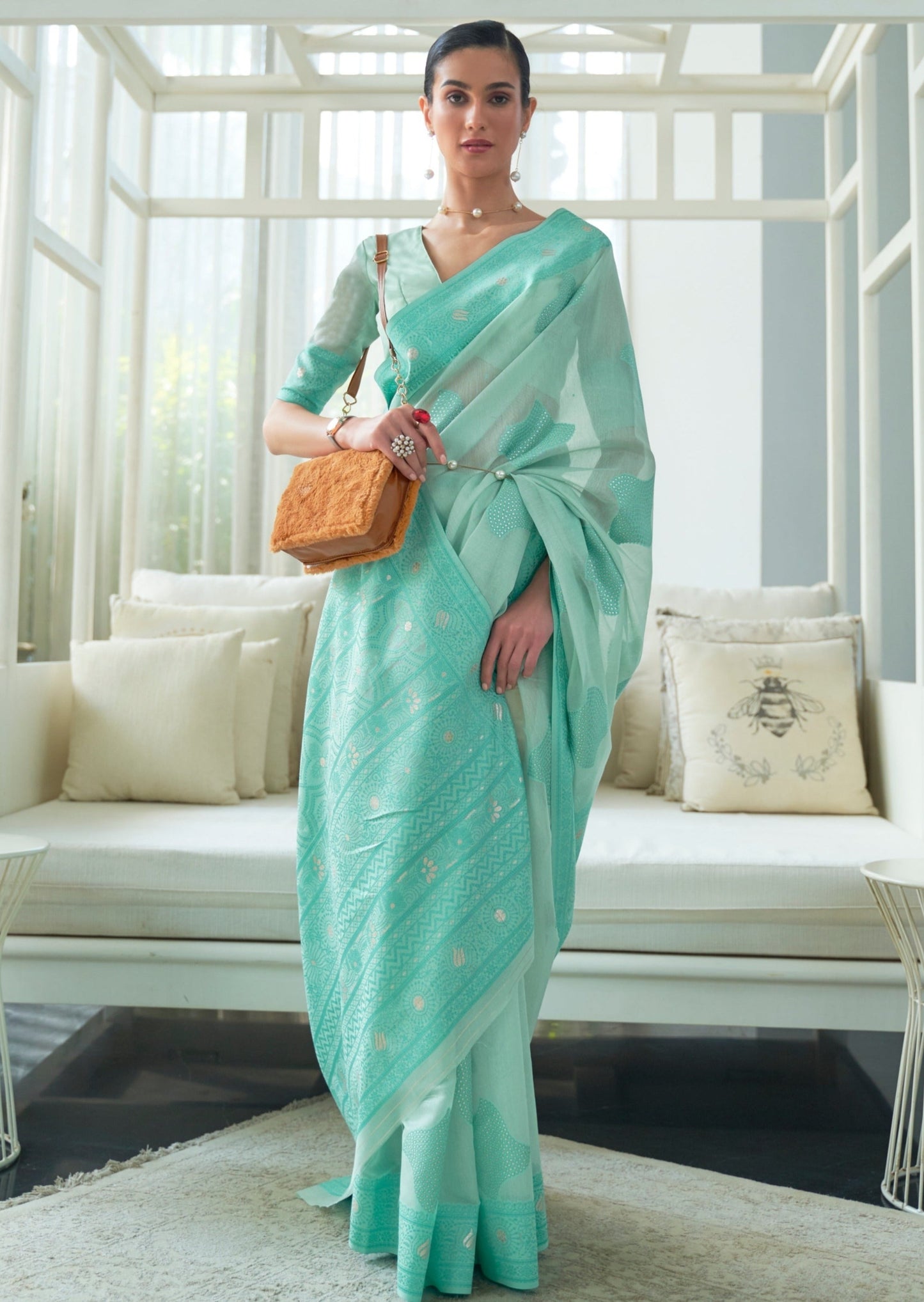 Lucknowi Chikankari Ocean Green Cotton Saree