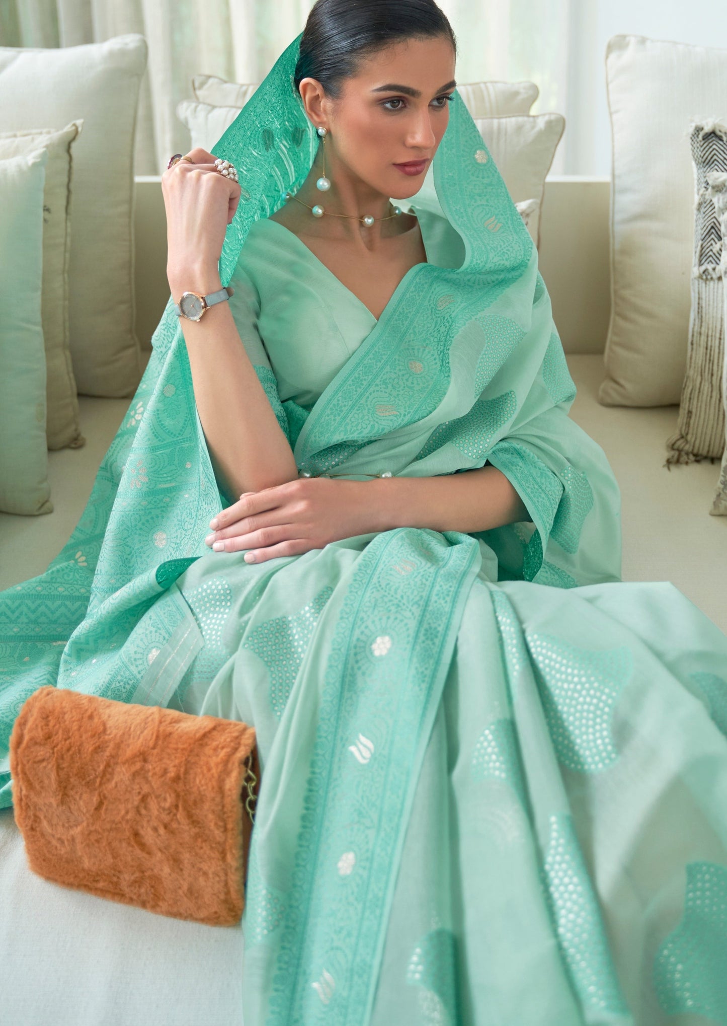 Lucknowi Chikankari Ocean Green Cotton Saree