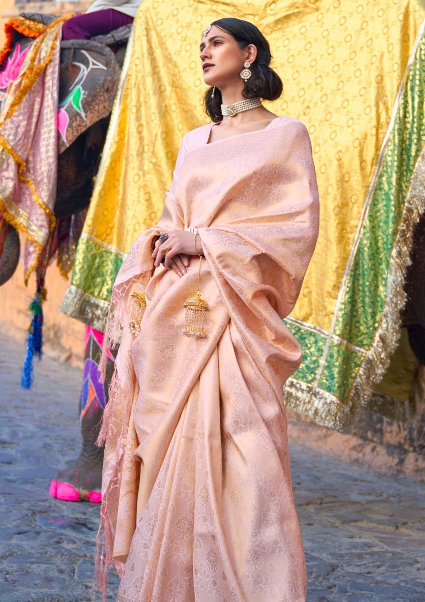 Pure Handloom Silk Rose Peach Kanjivaram Saree