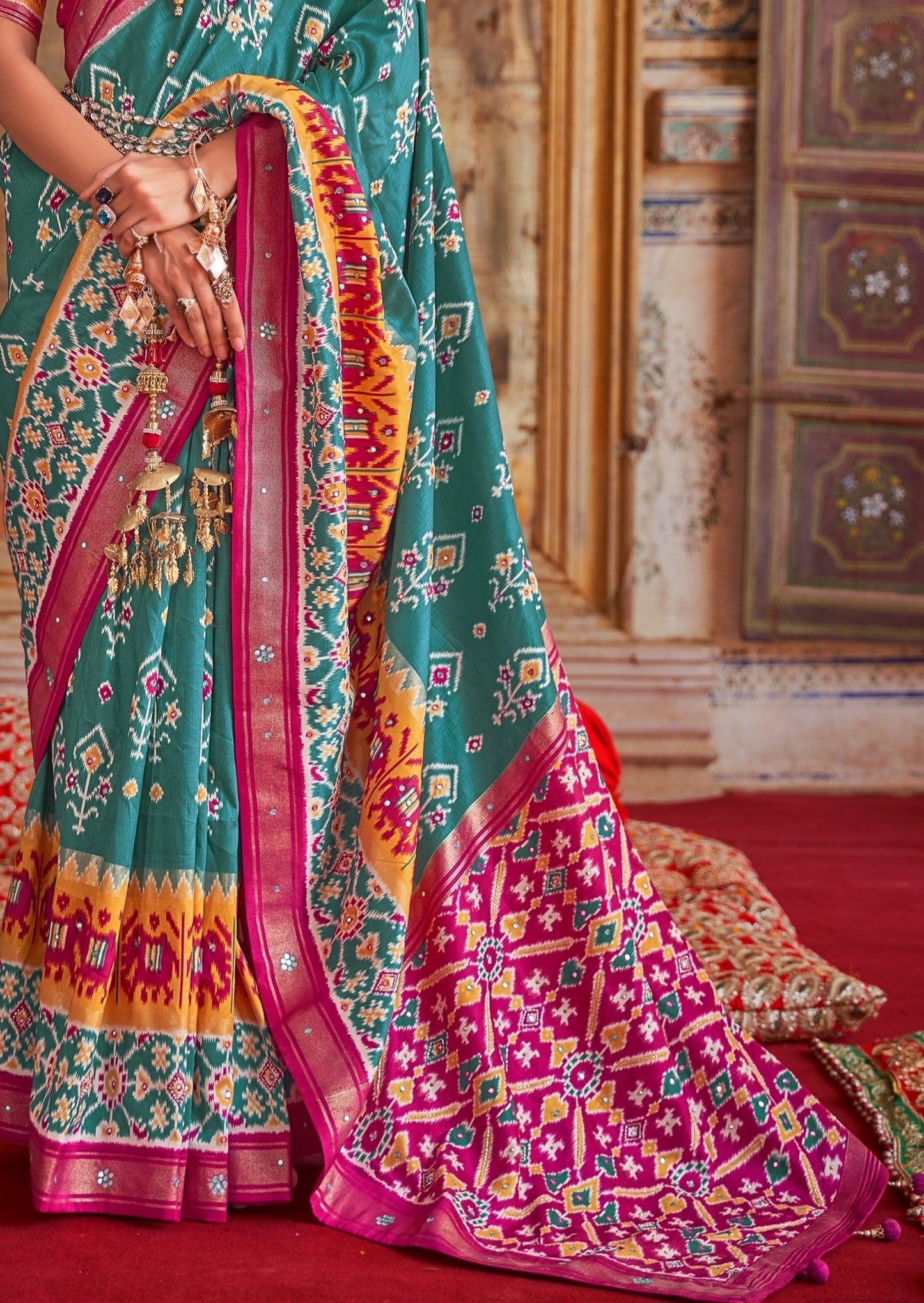 Patan Patola Silk Mirror Work Blue Double Ikkat Saree