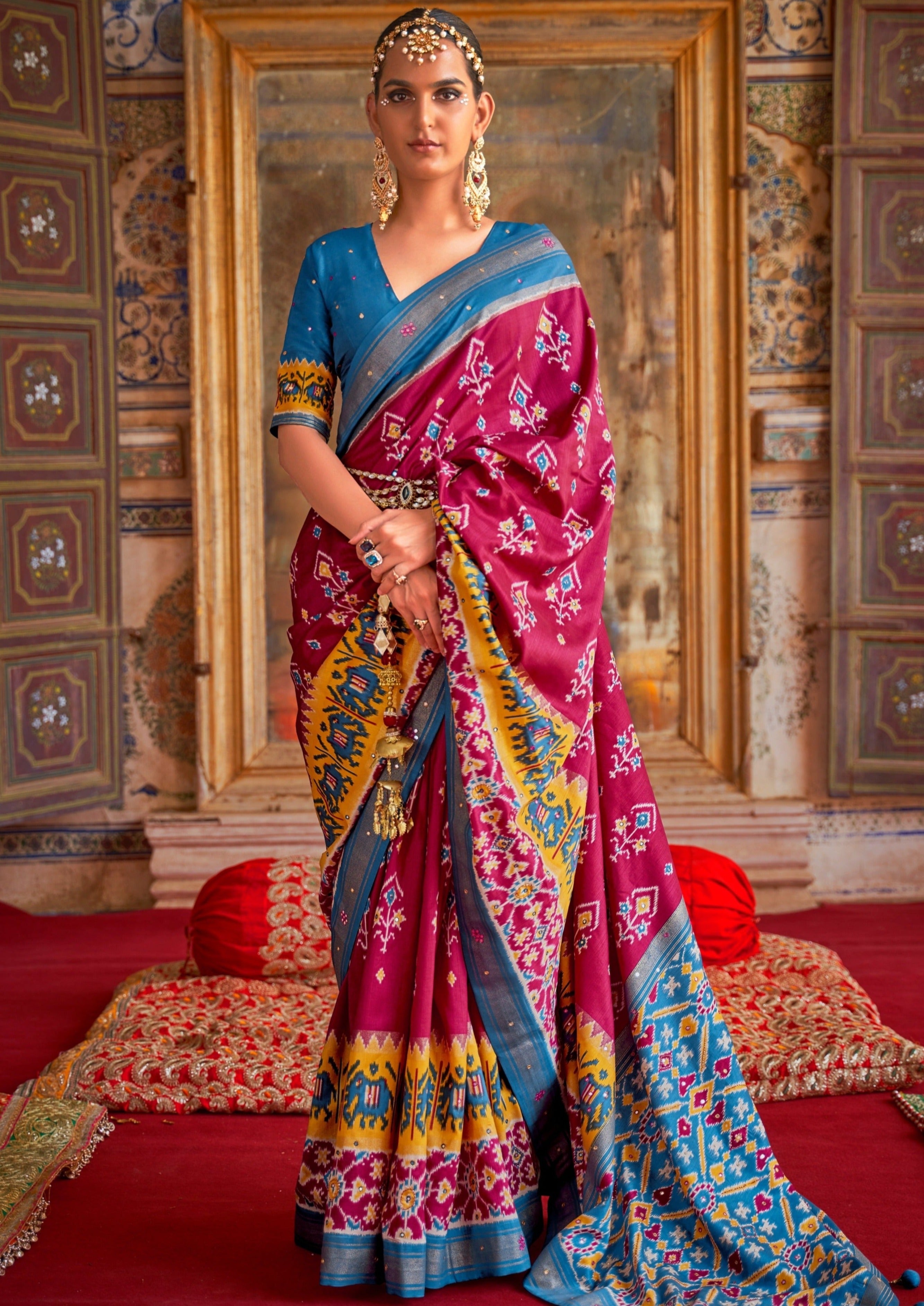 Purple Patola with Rani Pink Border Ikkat Silk Saree With Blouse Piece