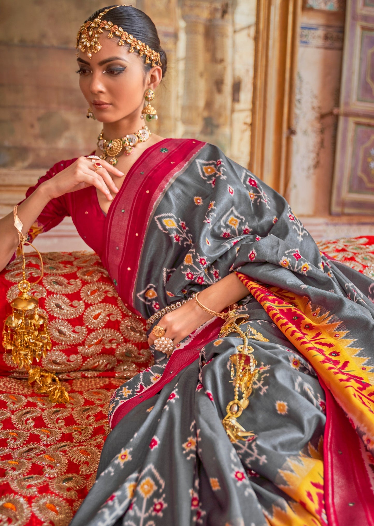 Patola Silk Mirror Work Grey Double Ikkat Saree