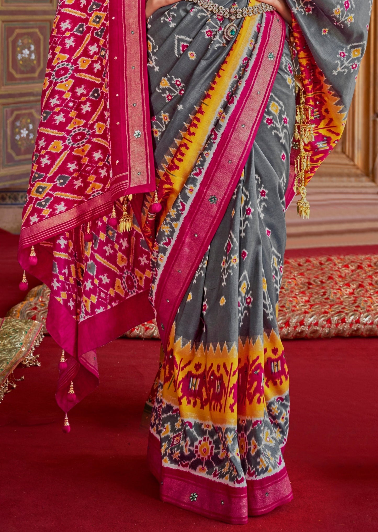 Patola Silk Mirror Work Grey Double Ikkat Saree