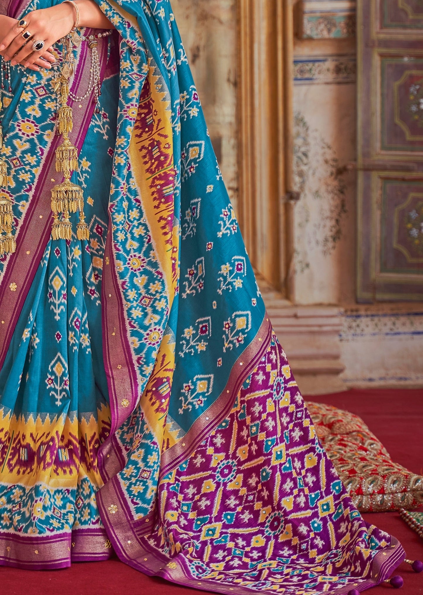 Patola Silk Mirror Work Cyan Blue Double Ikkat Saree