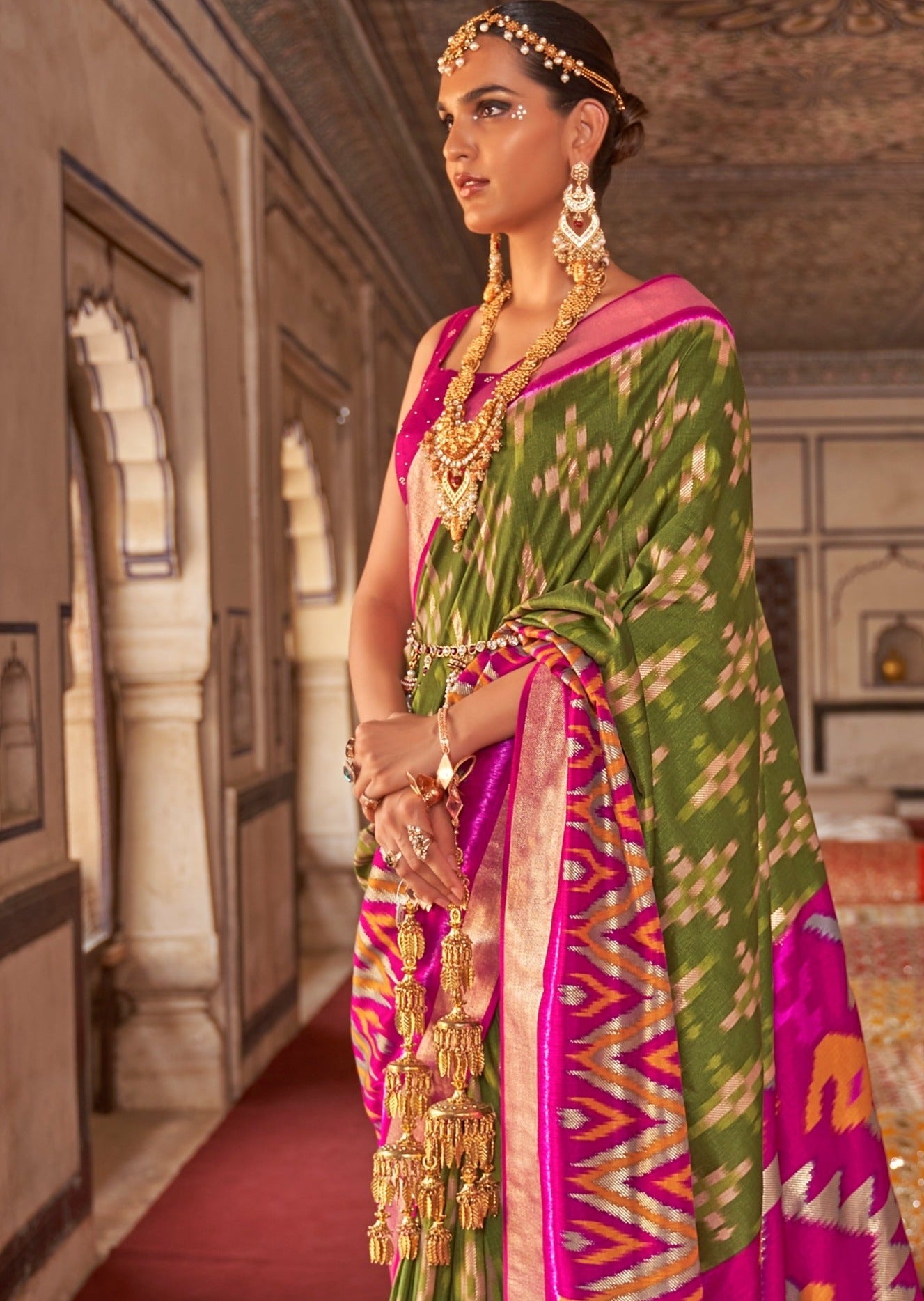 Patola Mehendi Green Ikat Saree