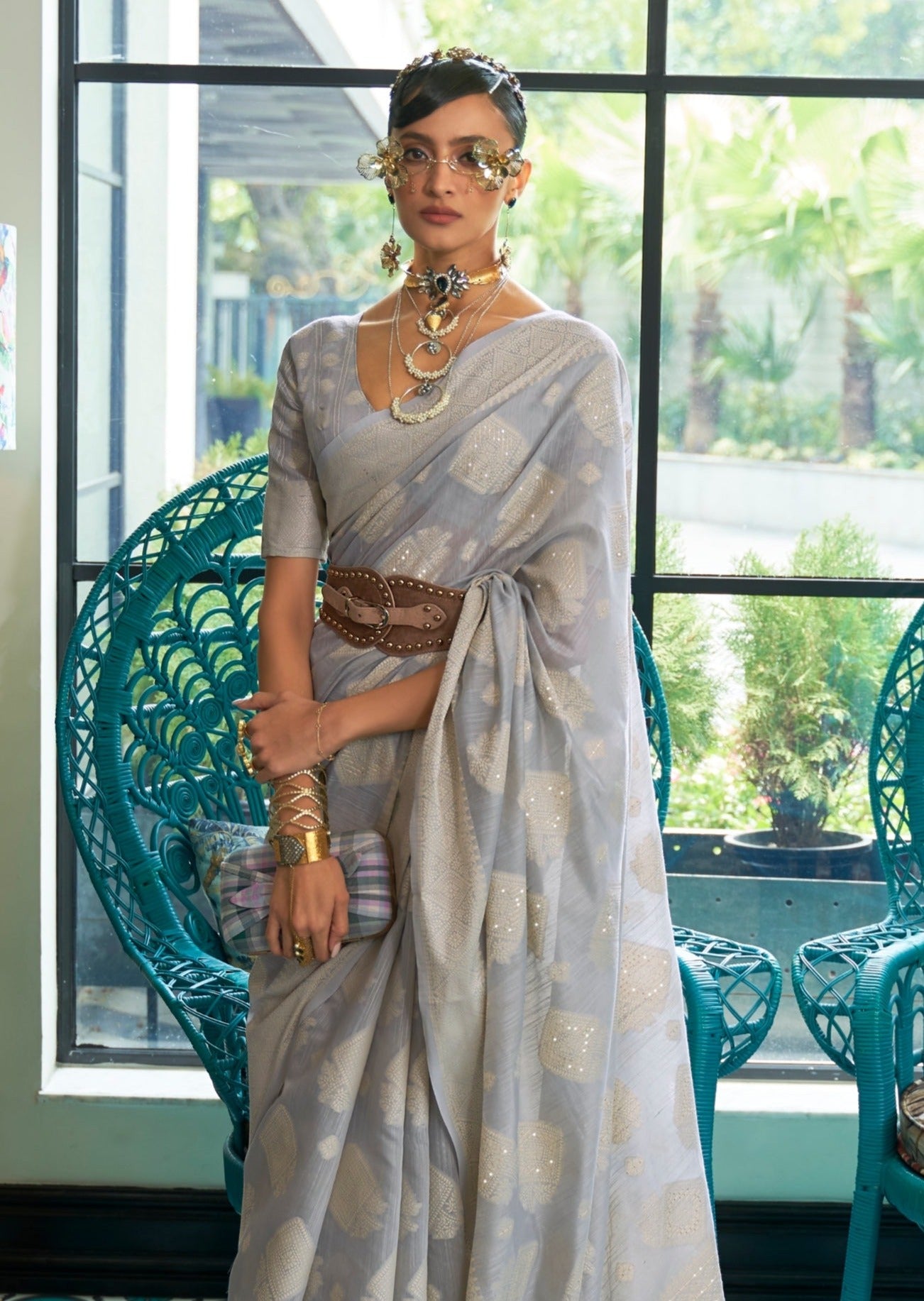 Lucknowi Chikankari Grey Cotton Saree
