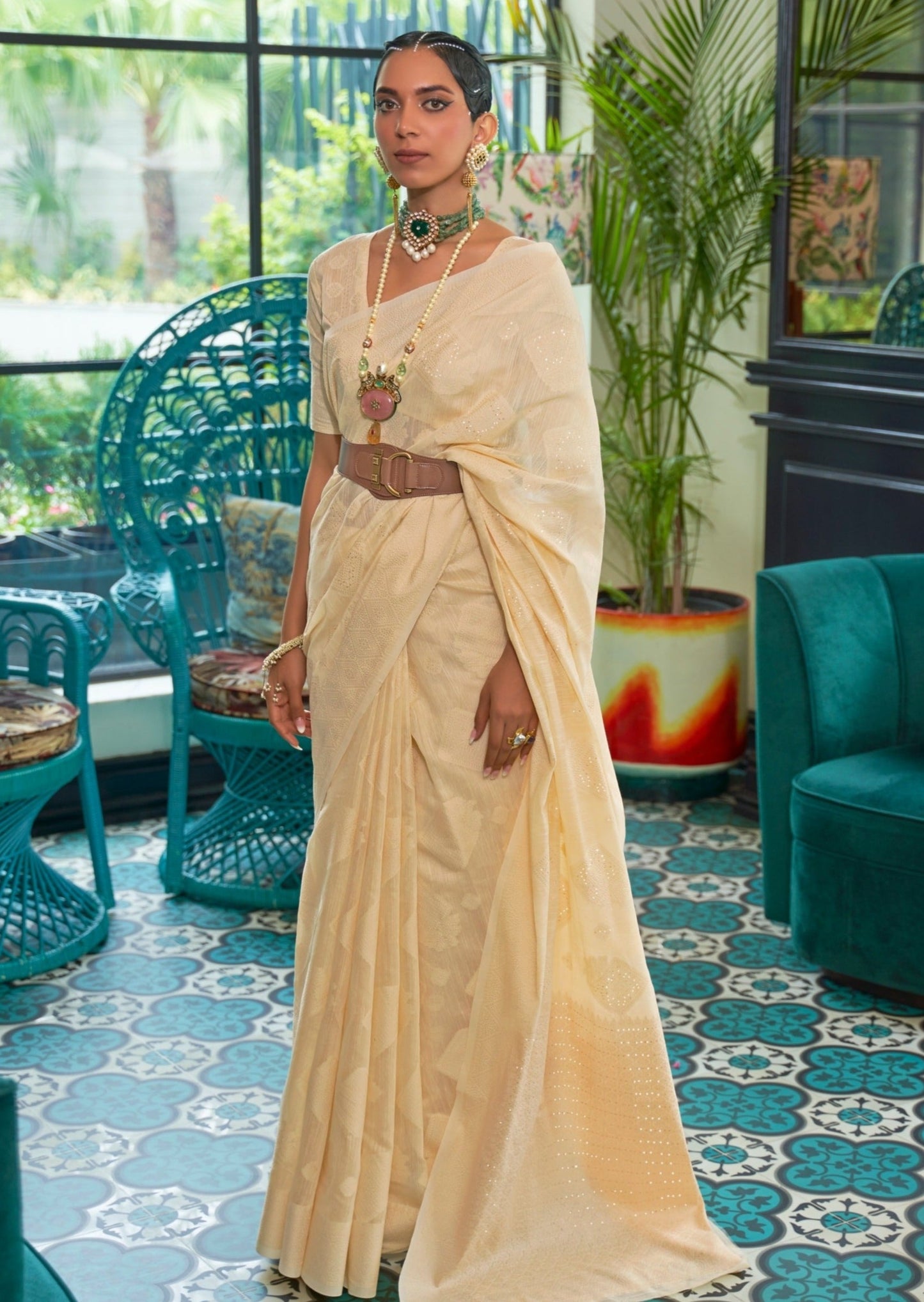 Lucknowi Chikankari Cream Cotton Saree