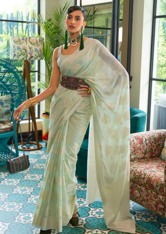 Lucknowi Chikankari Pista Green Cotton Saree