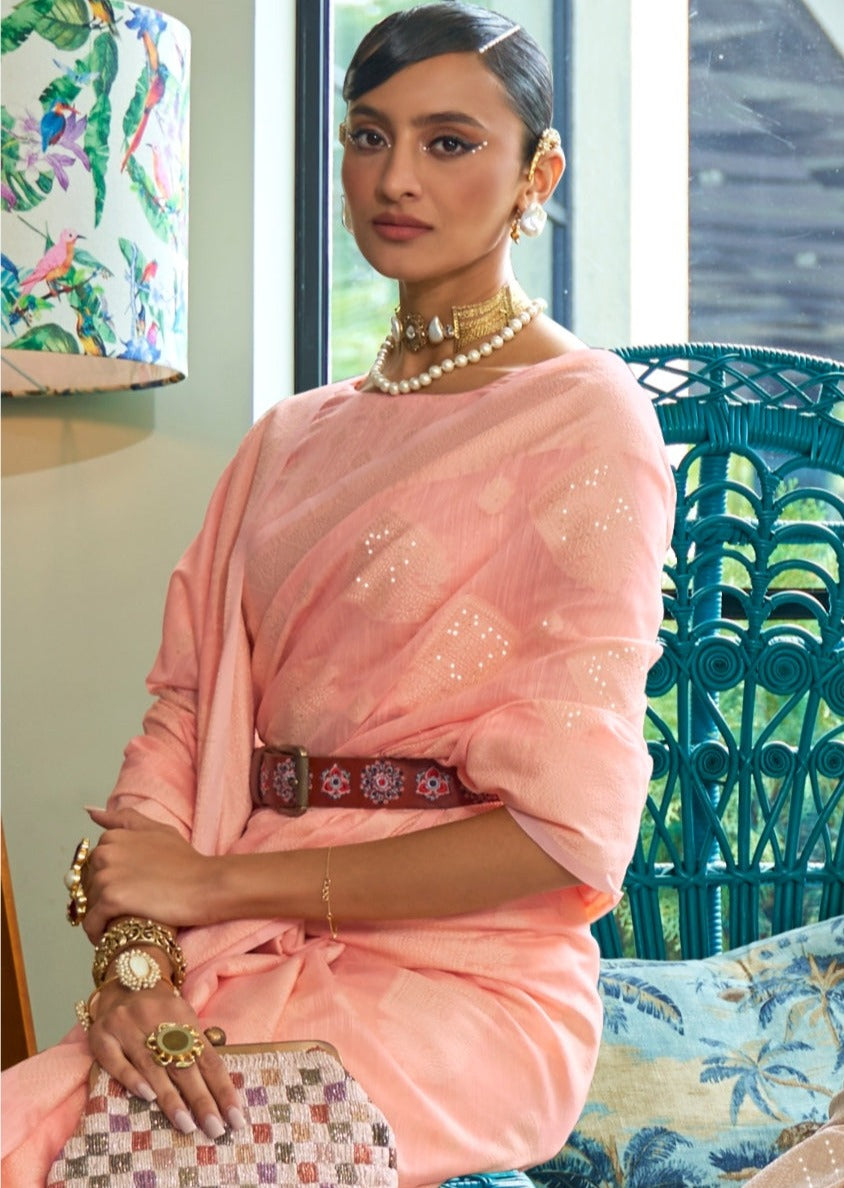 Lucknowi Chikankari Peach Cotton Saree