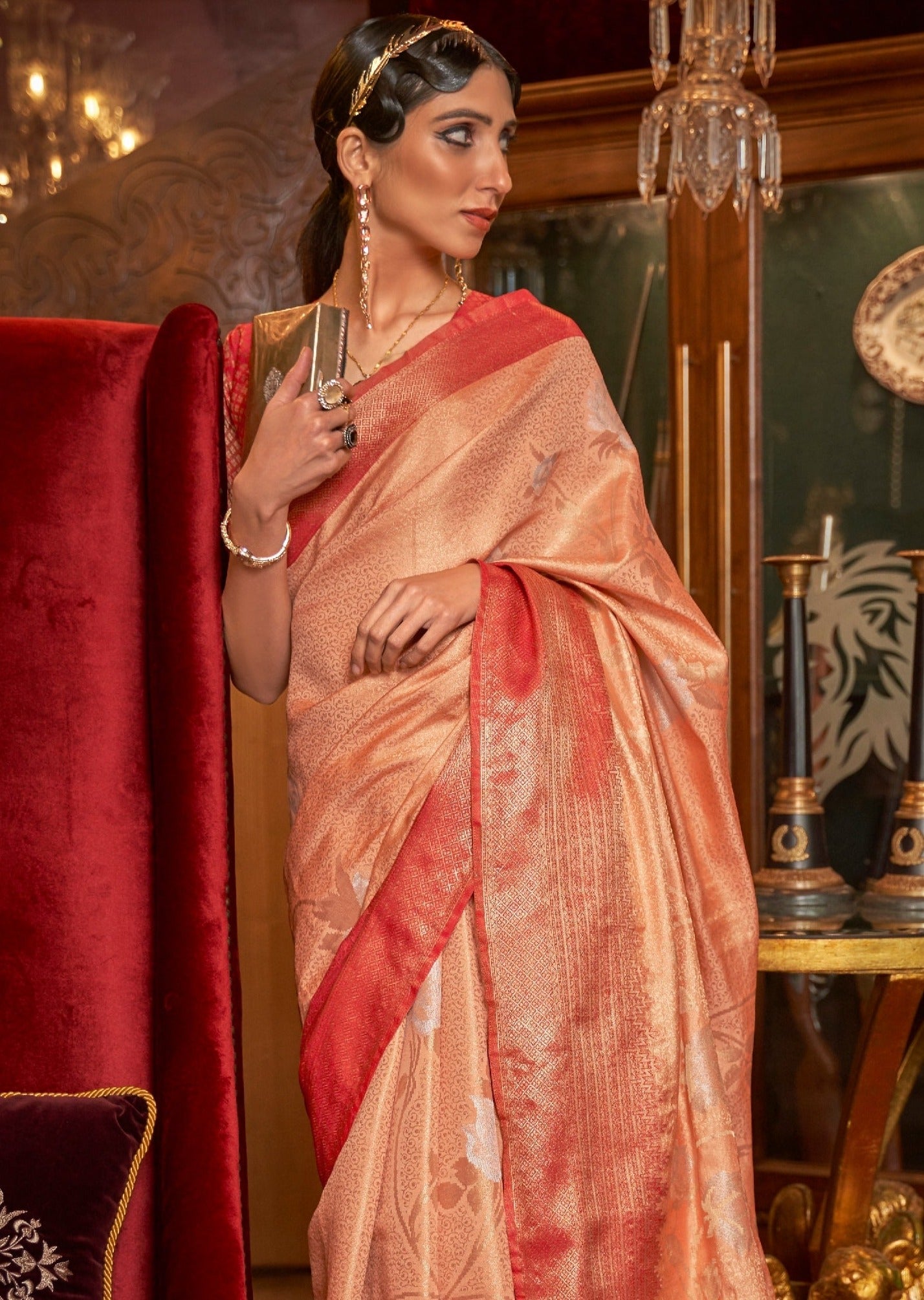Peach Kanjivaram Silk Handloom Saree