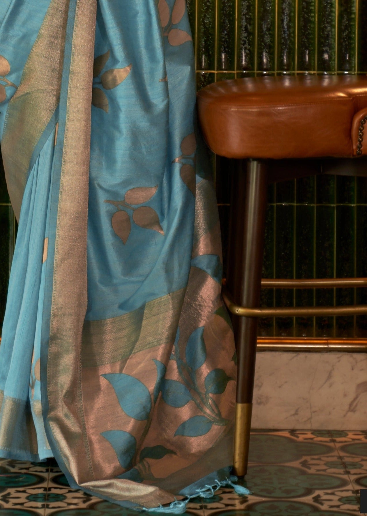 Pure Tussar Silk Cyan Blue Handloom Saree