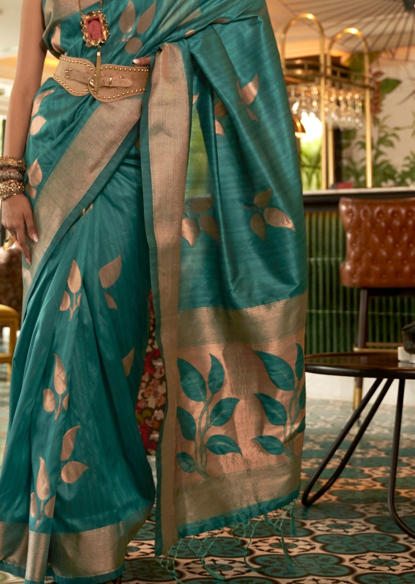 Pure Tussar Silk Pine Green Saree